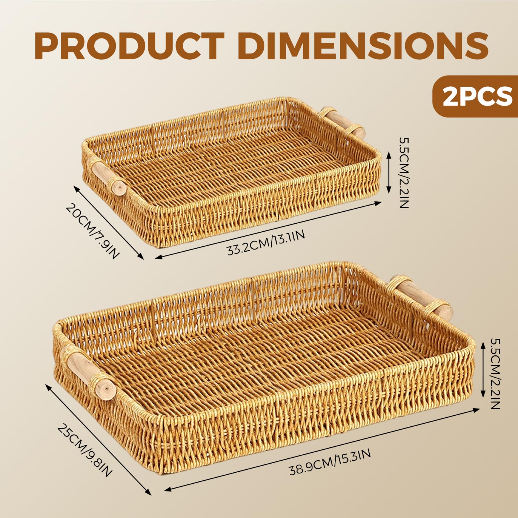 2 bandejas de Mimbre rectangulares con asa de plástico para Mesa de Comedor Mesa de Centro Pan Fruta y Aperitivos.