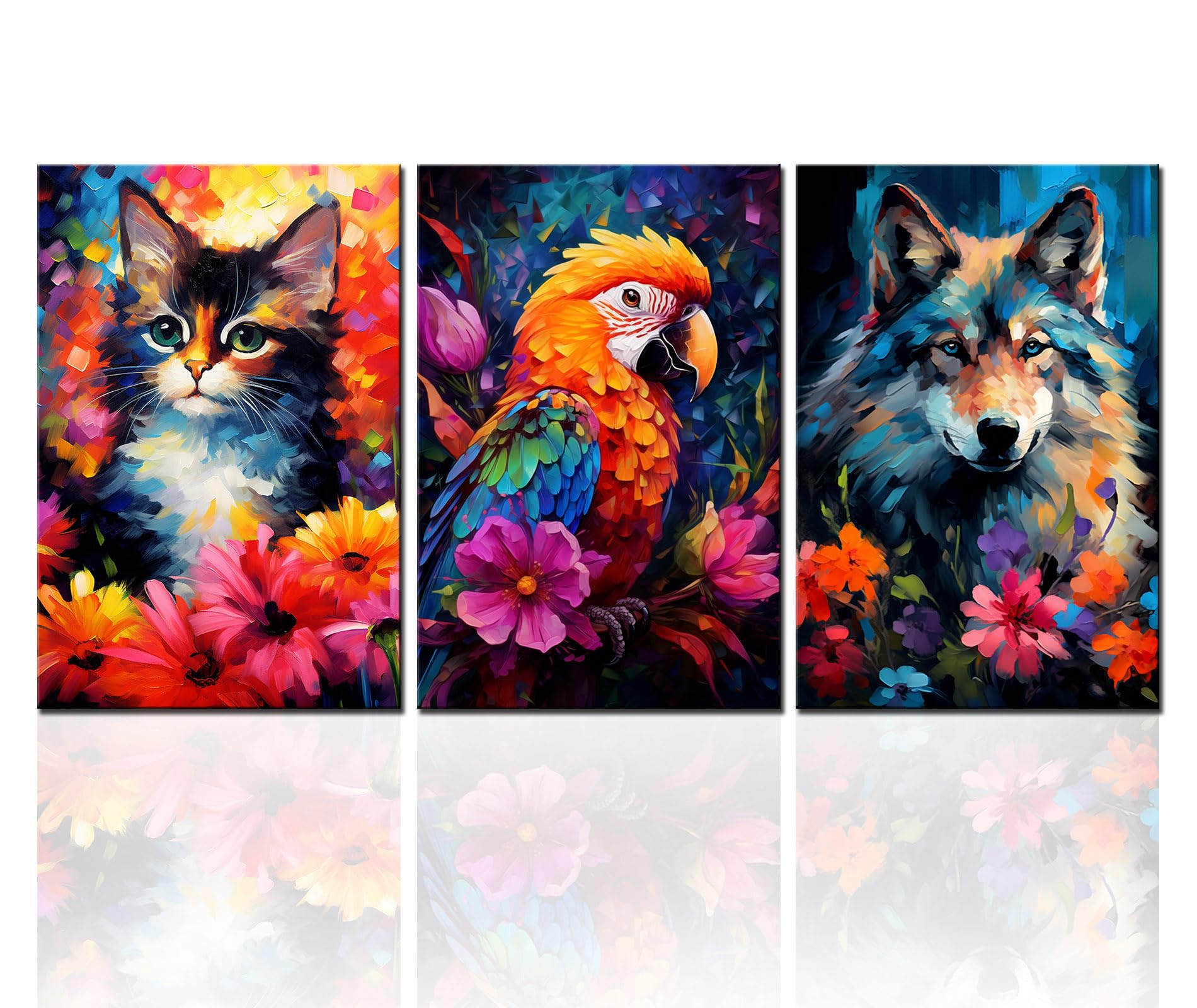 Tucocoo Family Wall Decor Animals Portrait Pictures Cat Parrot Wolf Paintings 3 Pieces Canvas Colourful Flowers Art Modern Artwork Home Decor for Living Room Wooden Framed Ready to Hang 60''Wx28''H — image 1