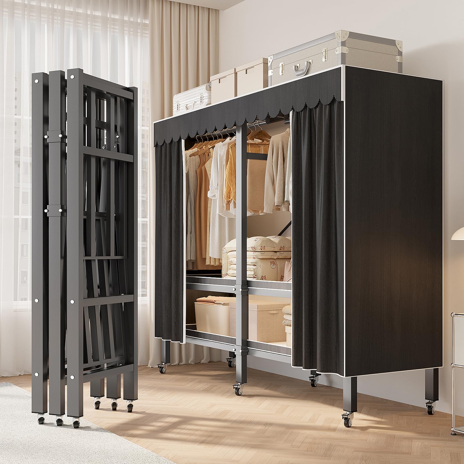 FKKPRVAX Rolling Clothes Rack with Magnetic Door 2000LBS Heavy Duty Portable Wardrobe Closet with Hanging Freestanding Garment Rack with Wheels,