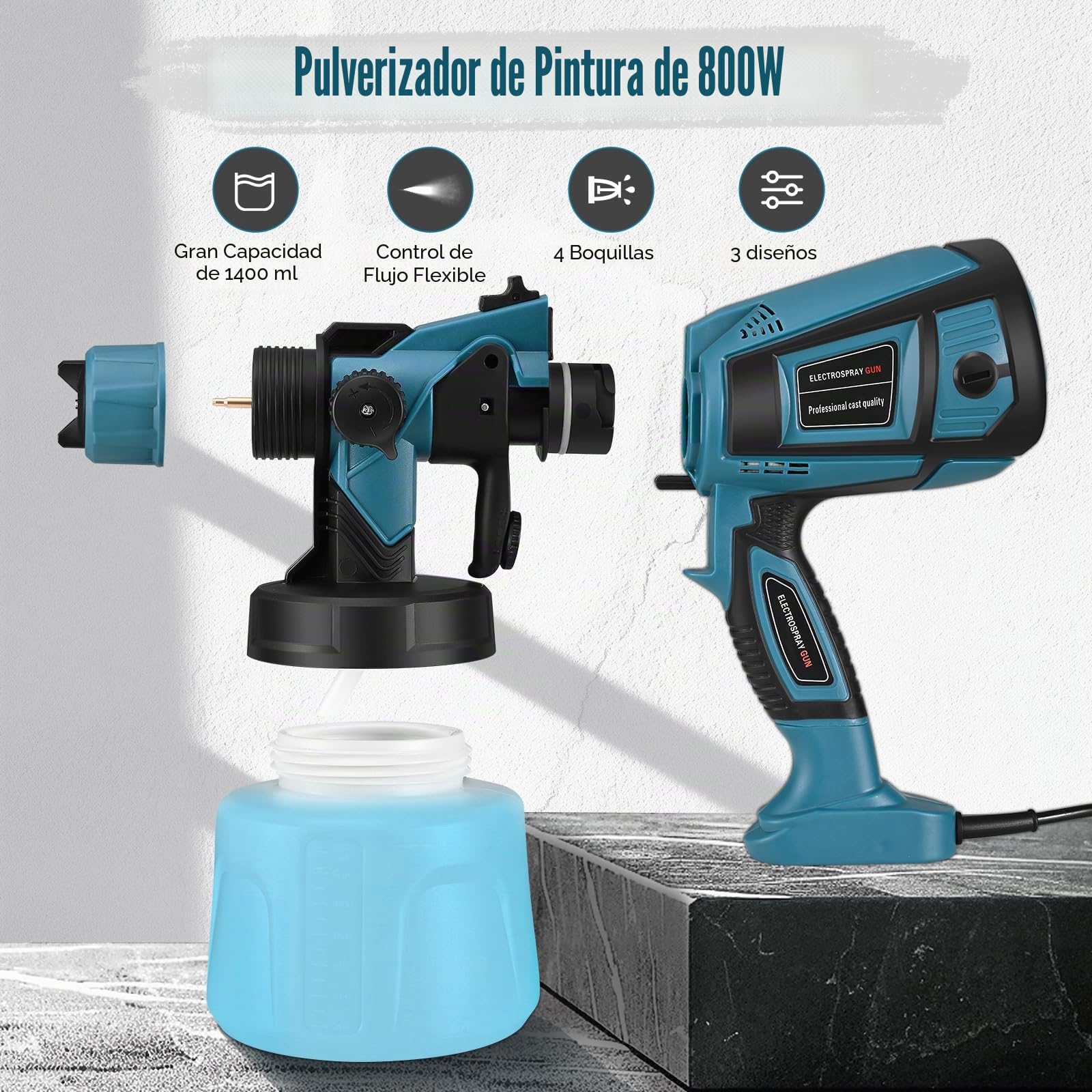 Pistola de Pintura,800W HVLP Pulverizador de Pintura Eléctrico con Recipiente de 1400ml, Flujo Máximo de 1000ml/min,5 Boquillas para la Pulverización y Limpieza del Bricolaje(Azul)