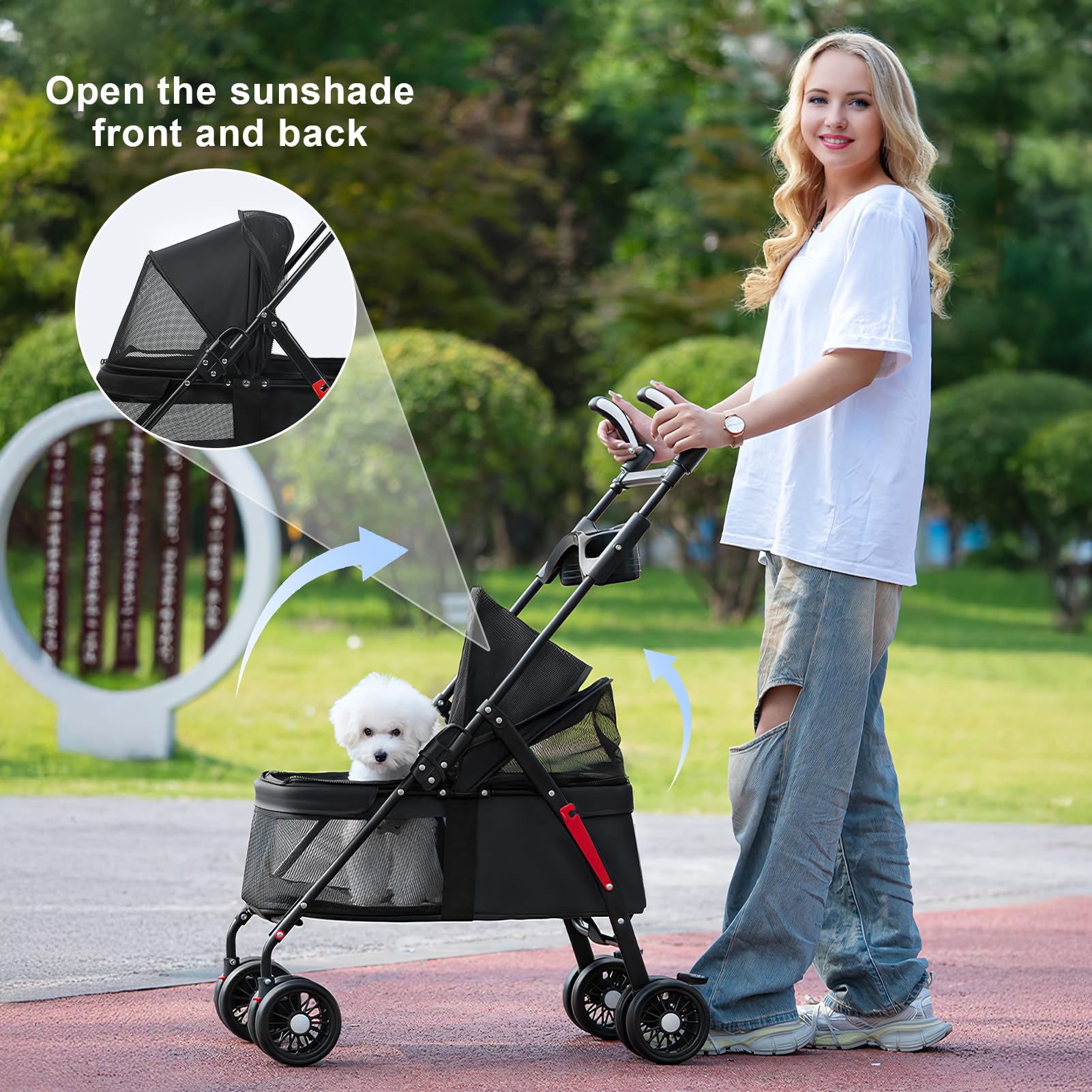 2in1 Hundewagen, Hundebuggy mit 1 Getränkehaltern, Hundebox Transporttasche Faltbar klappbar mit Feststellbremse, Bollerwagen für Hunde, 48 cm * 68 cm * 95cm (Schwarz-1)