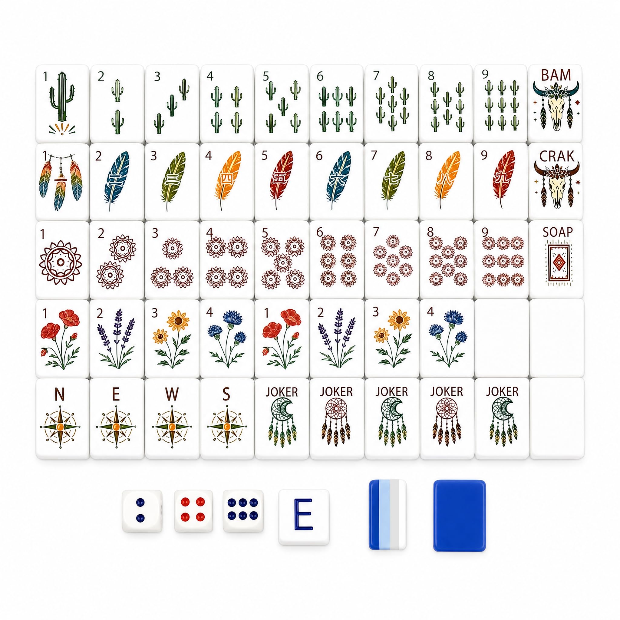 American Mahjong - Set di 160 piastrelle Mahjong in acrilico a 4 strati | Piastrelle da viaggio in stile mahjong, 3 cm, antigraffio, trasparenti, motivo bohémien, per giochi di famiglia e feste