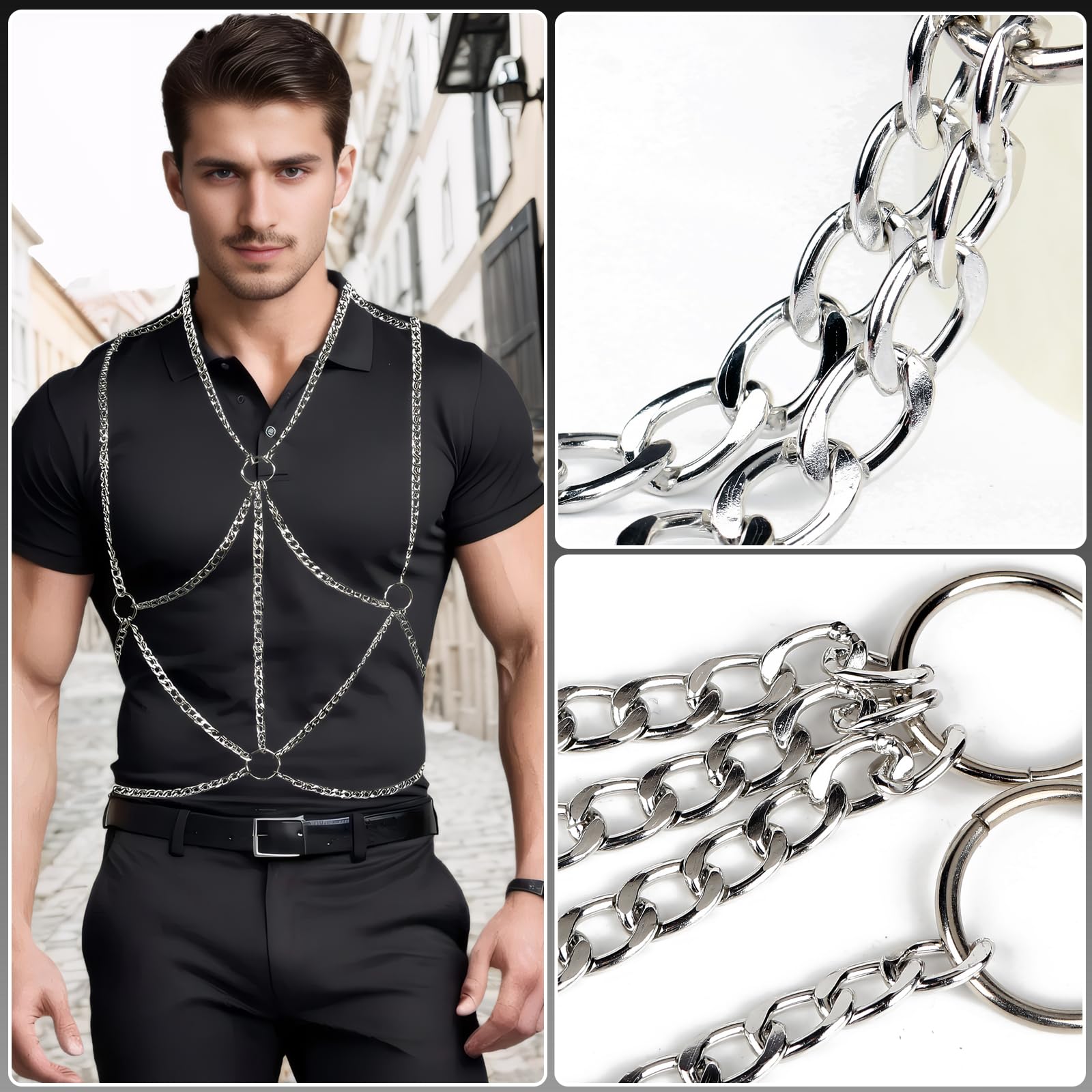 Pettorina regolabile in argento da uomo, con catena in metallo, costume punk per spettacoli muscolari, abbigliamento alla moda per cosplay, spettacoli teatrali, feste notturne, festival