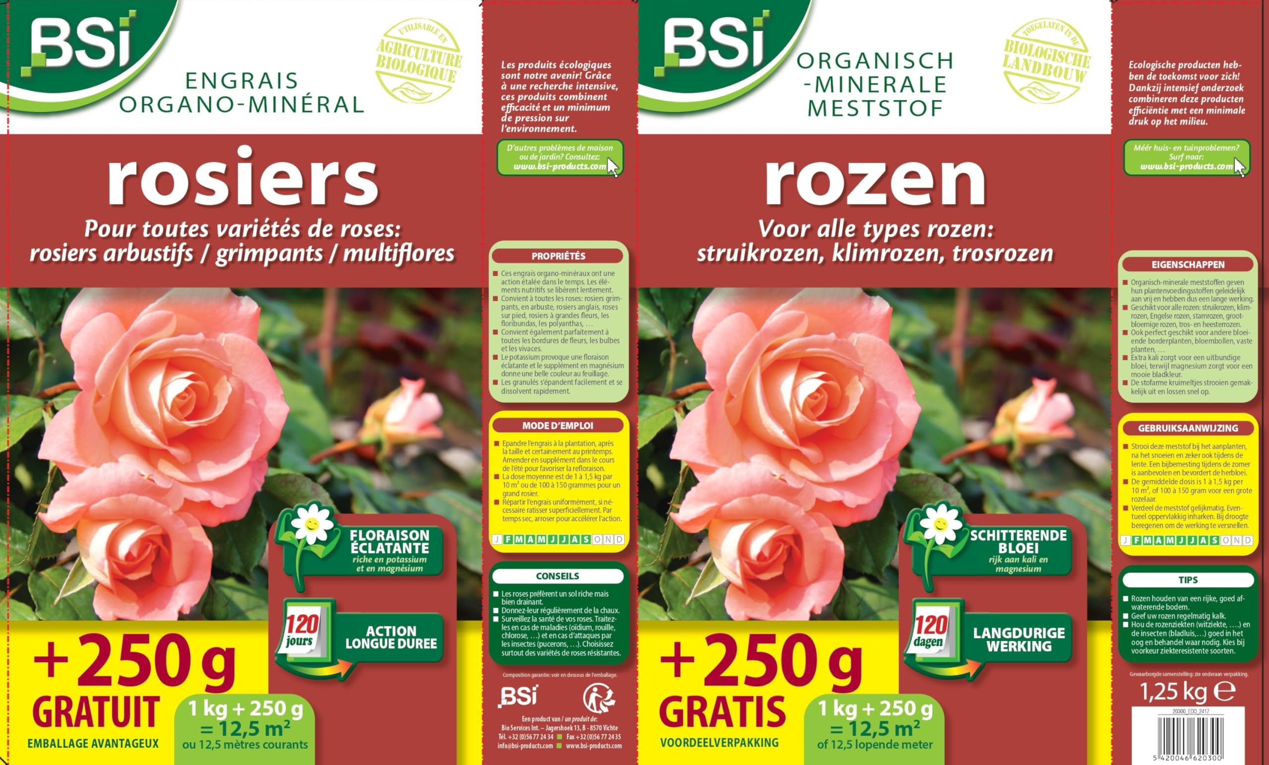 BSI - Engrais - Rosiers - Bio - Organo-Minéral - Pour Toutes Les Sortes De Rosiers - Floraison Éclatante - Action Longue Durée - 1Kg + 250g Gratuit - Jusqu'à 12,5 m² - UAB, Aucune