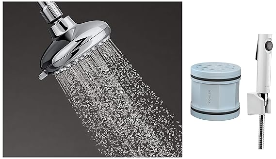 Kohler Rain Duet Water Filter Cartridge &Kohler Cuff Health Faucet for Bathroom &Kohler ABS Overhead Shower, Metallic, Chrome Finish