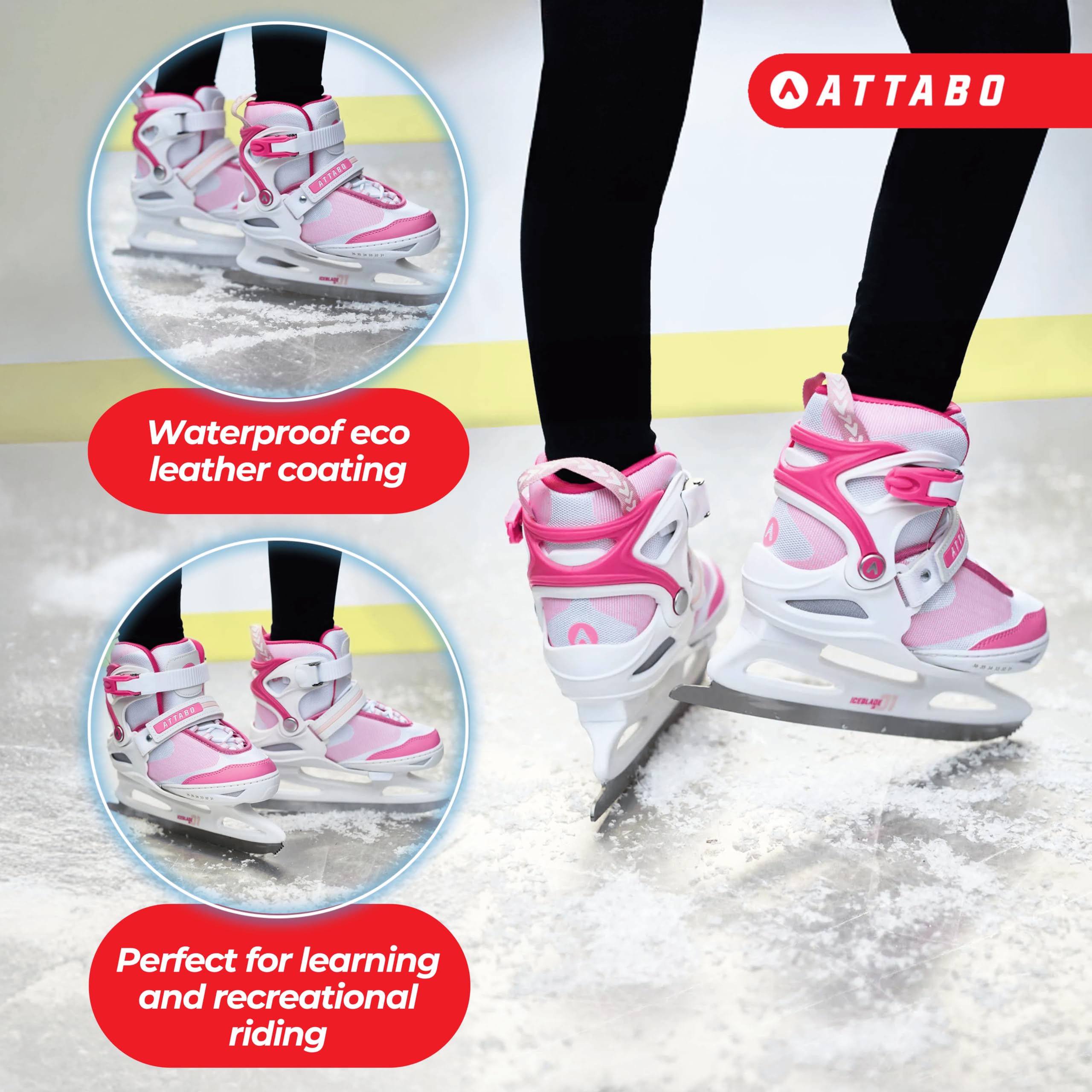 ATTABO Kinder Eiskunstlauf Schlittschuhe mit 5-stufiger Größenverstellung | Warm gefüttert, stabil und bequem | Edelstahl-Kunstlaufkufe für einfaches Fahren Lernen