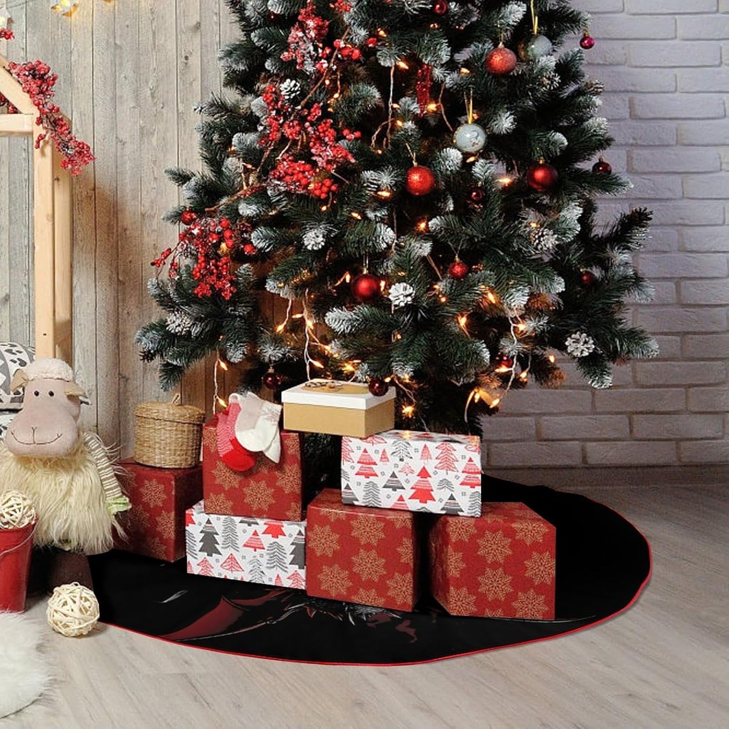 Black Dragon Fire Skull Christmas Tree Skirt Ornaments Christmas Tree Mat for Home Party Holiday Decorations