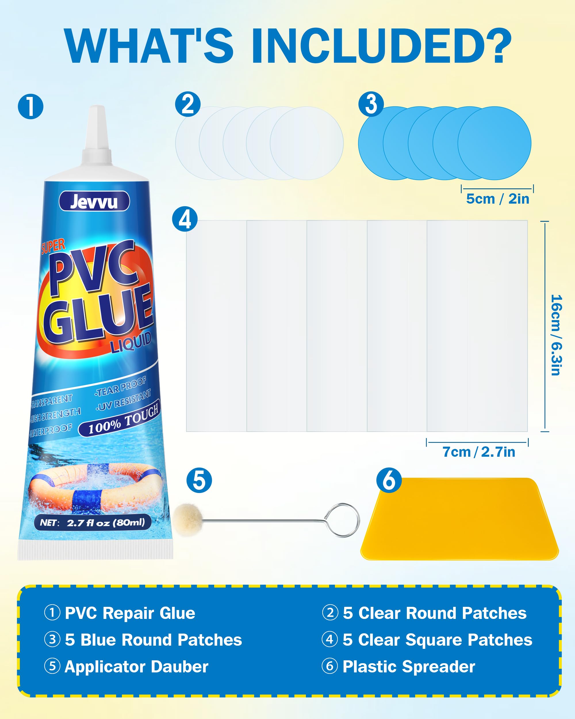Jevvu Pool Repair Kit, 80ml Heavy Duty Waterproof Air Mattress Patch Kit for Hot Tub, Pool, Boat & Inflatables – Includes Patches, Scraper & Applicator Tool - 2