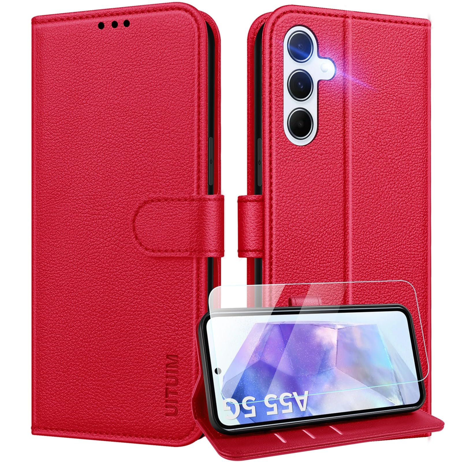 UITUIM Cover per Samsung Galaxy A55 5G Cover Custodia a Libro Portafoglio in Pelle con Vetro Temperato Pellicola Cover Porta Carte Flip Case Protettiva Custodia per Samsung Galaxy A55 5G,Rosso