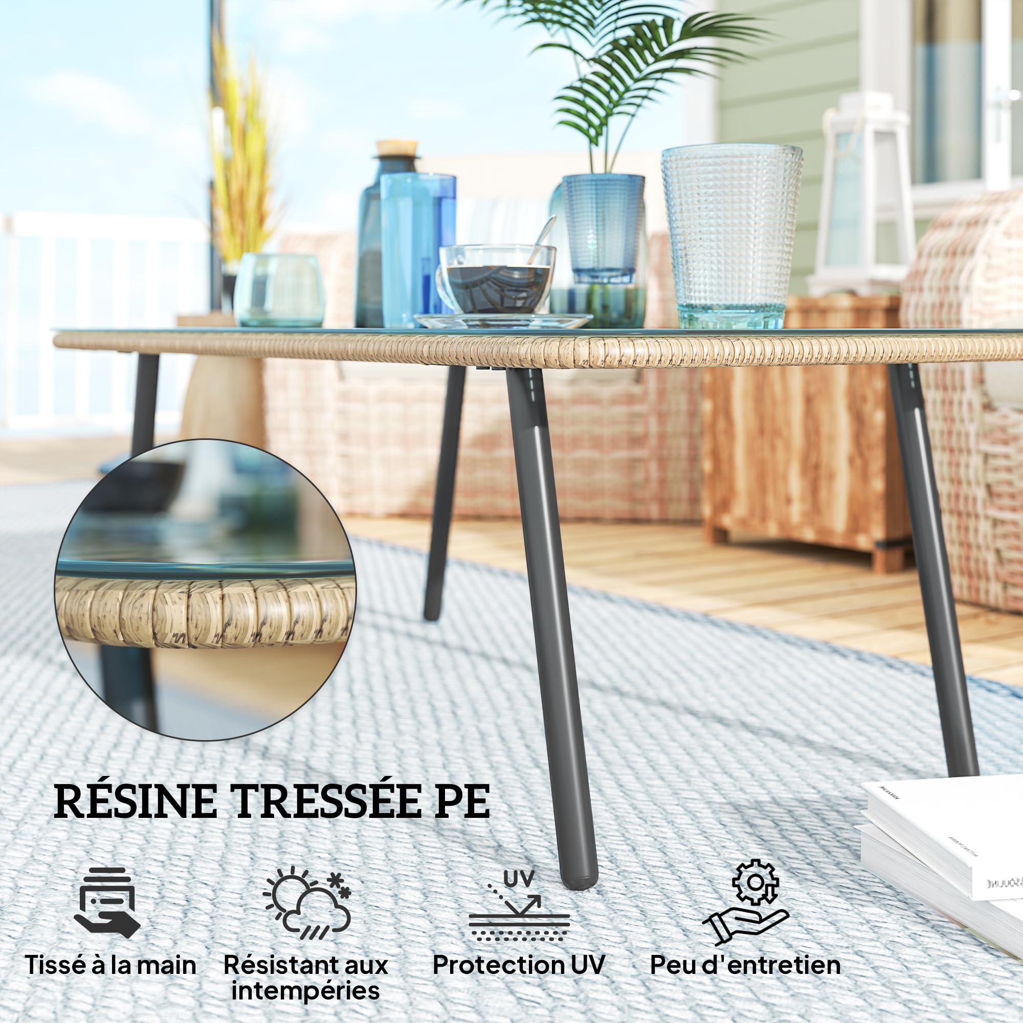 Outsunny Table Basse de Jardin en Résine 110x60x40 cm Aspect Bois Naturel