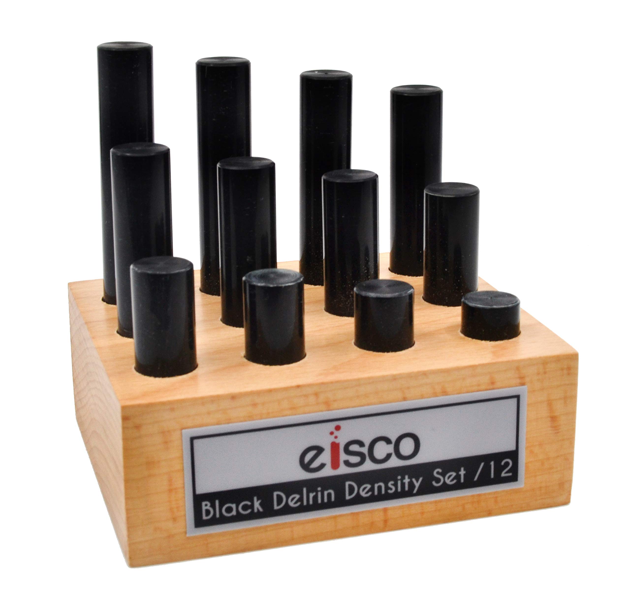 EISCO (12 Pieces) Cylindrical Bars Density Set - Various Lengths - Includes Wooden Storage Block - for Studying Density & Mass - Black Derlin