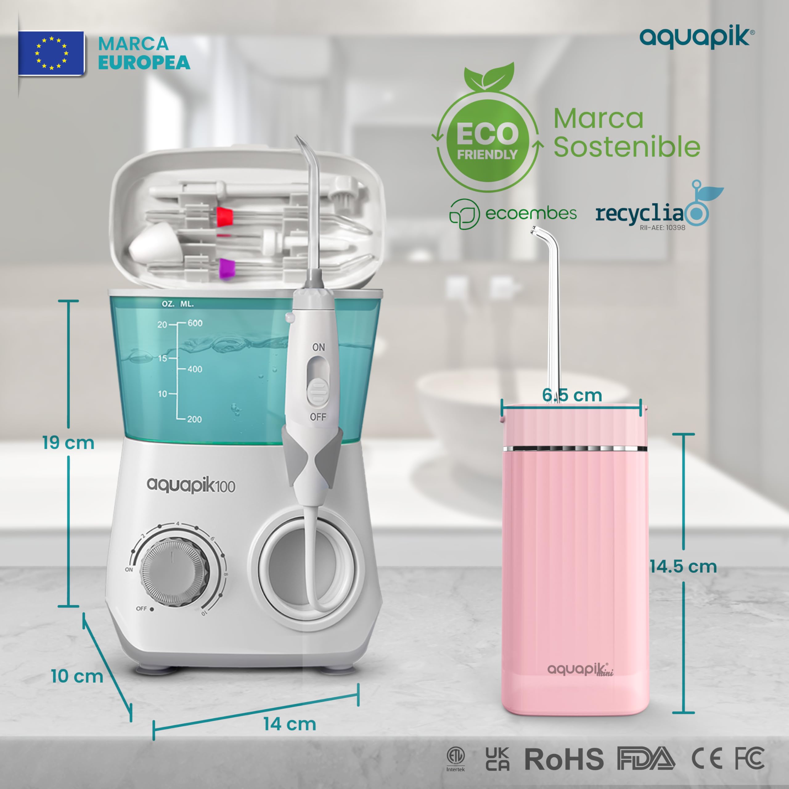 Pack de Irrigadores Dentales Aquapik: sobremesa + Mini Portátil | Recomendado por dentistas + Elimina la Placa + Cuida tus Implantes y Ortodoncia |Higiene Bucal Profunda (B. Blanco-Rosa)