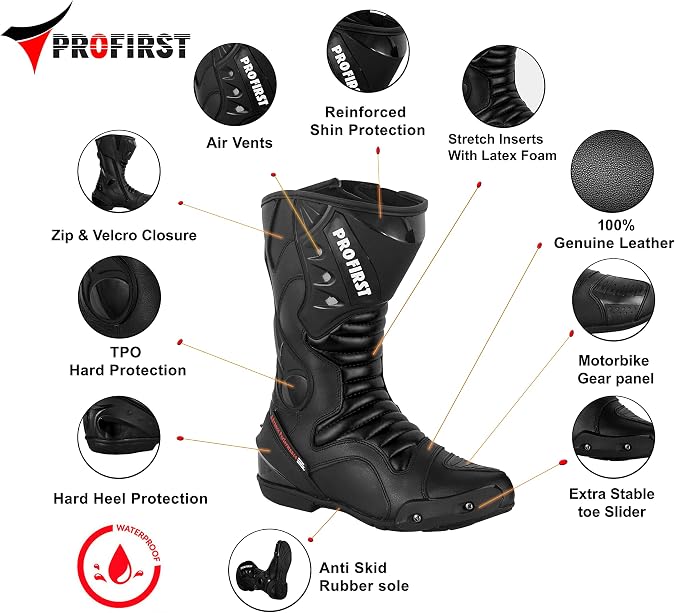 PROFIRST Genuine Leather Motorcycle Boots Waterproof Motorbike Shoes Armoured Boot Protection Anti Slip Racing CE Approved