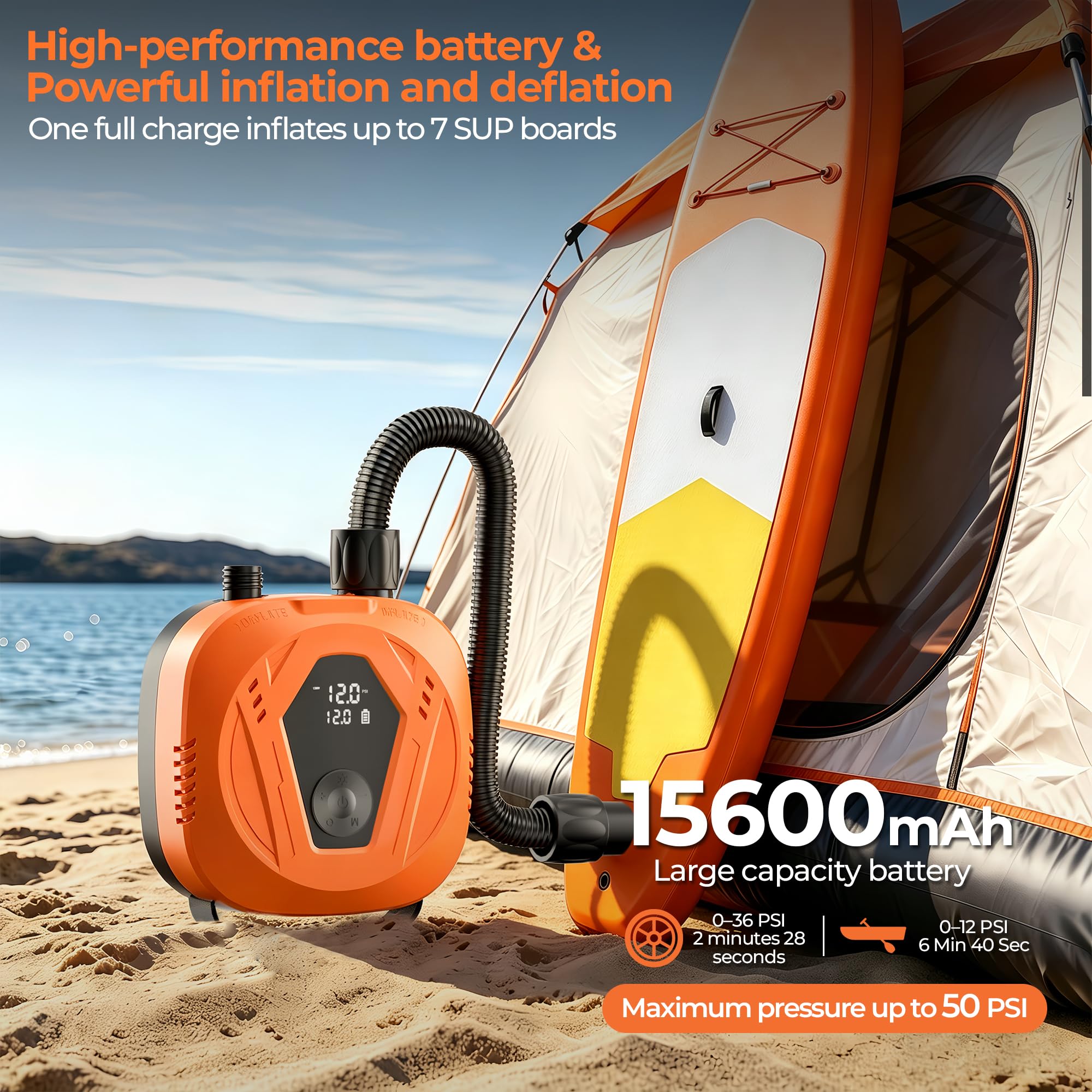 Pompe à air électrique SUP, 20 PSI SUP, pompe à pagaie rechargeable, 15600 mAh, détection automatique de la pression d'air, pompe à air d'arrêt automatique pour paddleboard, cerf-volant, tente