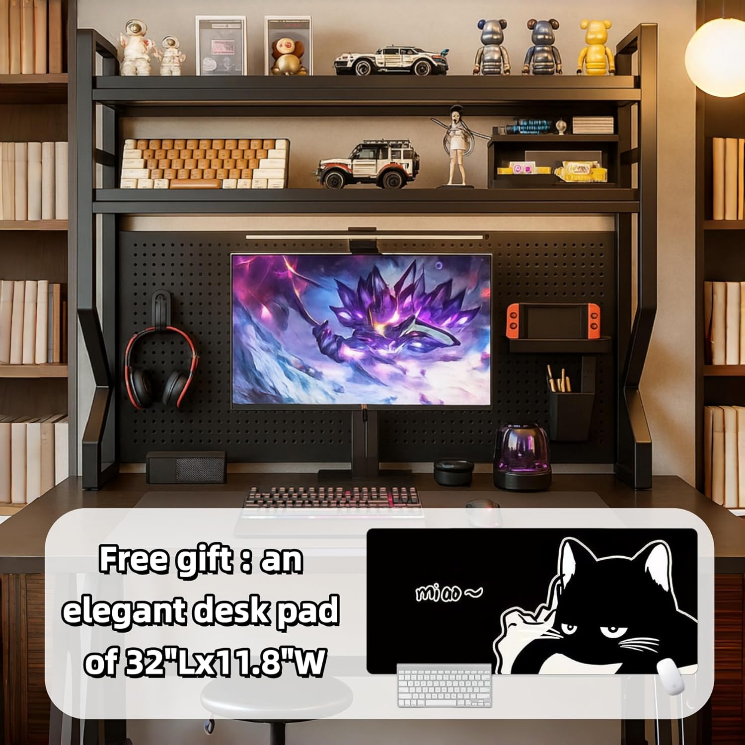 Desktop Hutch Bookshelf,Many Sizes,Metal Desktop Bookcase with pegboard, Desk Shelf, Countertop Storage Organizer Rack for Dorm or Office,Desktop Shelves (Black, 37.4" Lx9.9 Wx39 H)