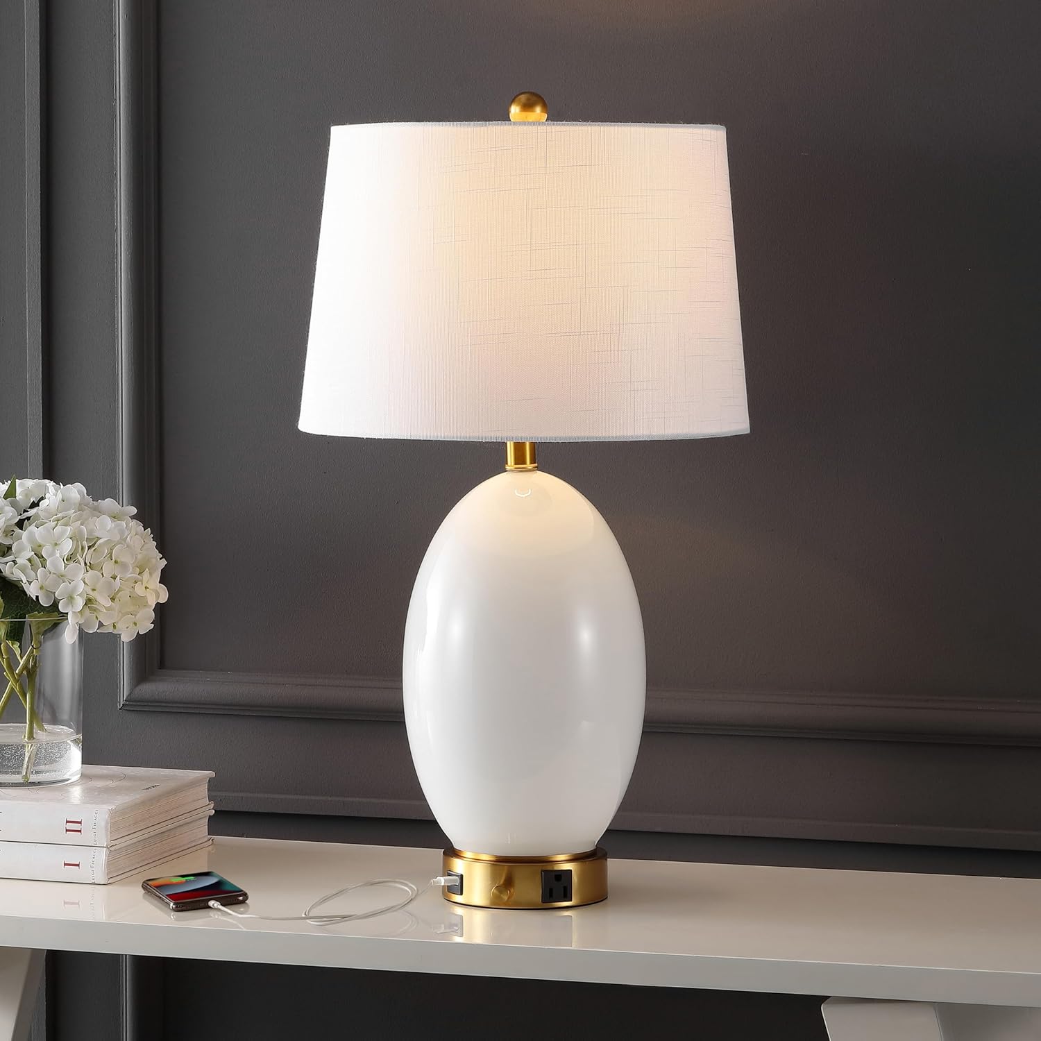 JONATHAN Y 26.5" White/Brass Gold Modern Glass Table Lamp with USB Port and AC Outlet, White Linen Shade, Contemporary Glam Bedside Lamp for Living Room Bedroom, LED Bulb JYL4053A