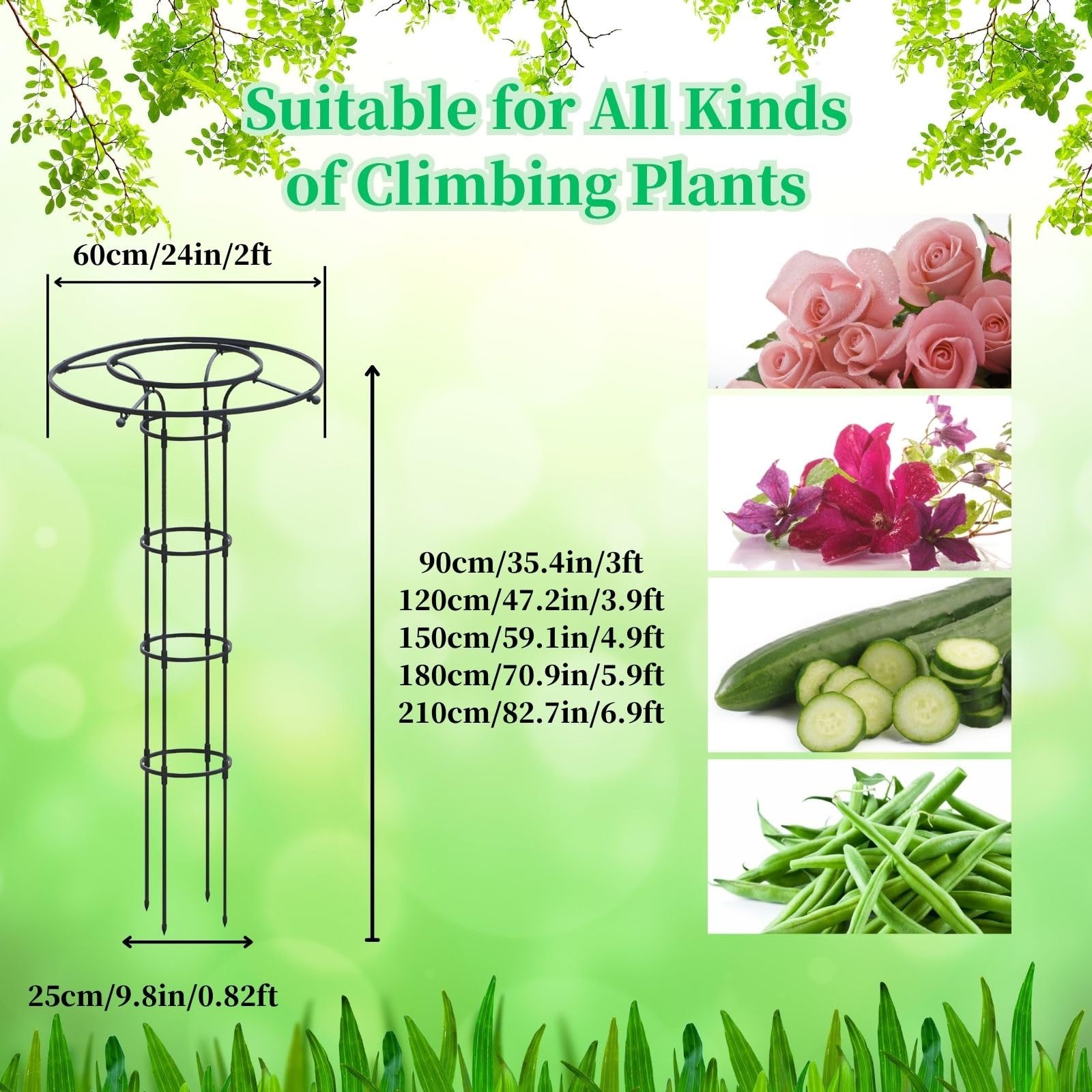 Traliccio da Giardino per Piante Rampicanti Gabbia di Supporto Verticale Antiruggine, Glicine e Rose, 90 120 150 180 210cm Supporto per Fiori da Esterno e Supporto per Arrampicata(Black,HIGH: 210cm/6.