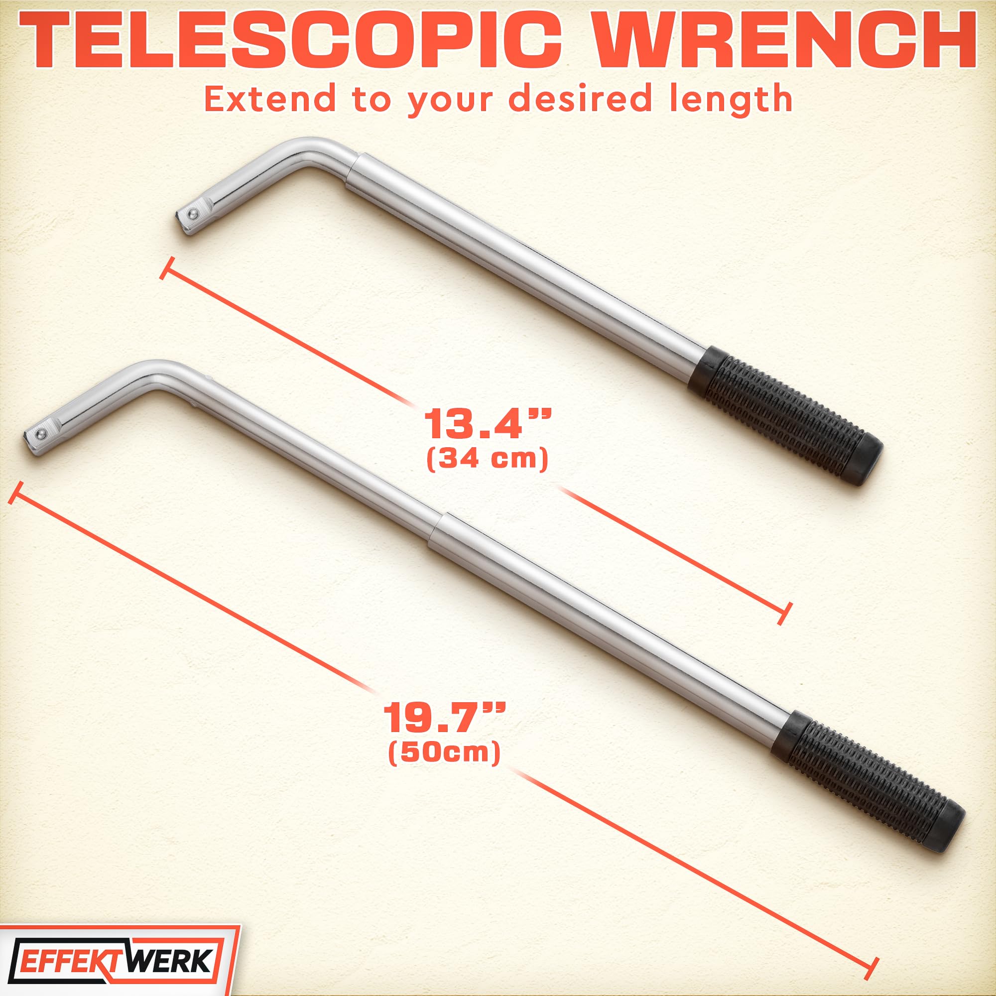 Chiave per dadi ruota telescopica - Chiave universale per alette con attacco da 1/2" e 2 bussole (17/19 mm e 21/23 mm) - Chiave per pneumatici estensibile da 38 – 50 cm