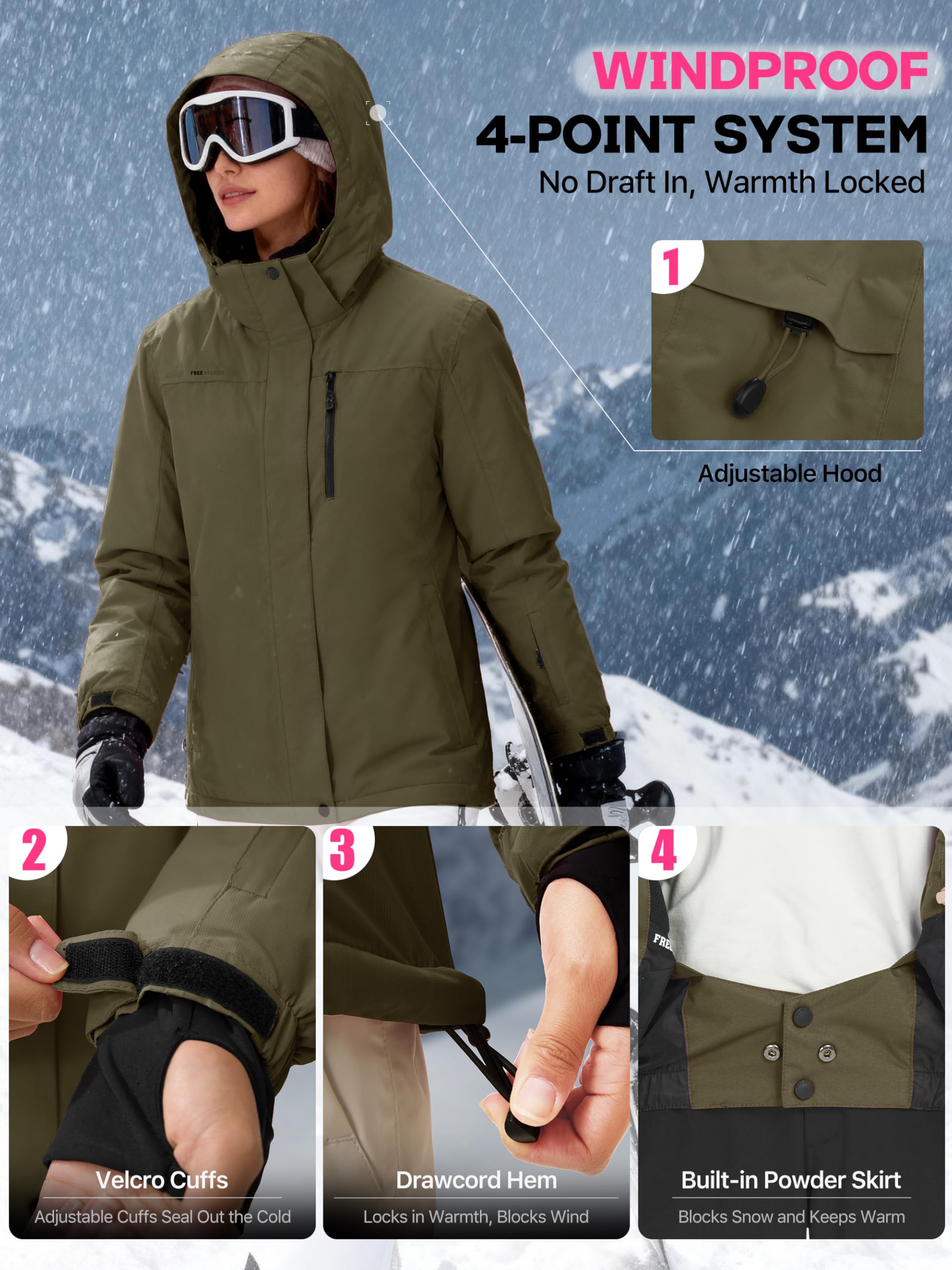 FREE SOLDIER Women's Waterproof Ski Snow Jacket Fleece Lined Warm Winter Rain Jacket with Hood Fully Taped Seams