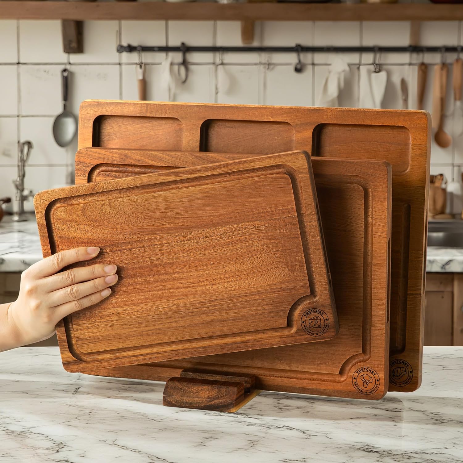 Acacia Wood Cutting Boards for Kitchen, Premium Wood Cutting Board Set with Holder, Chopping Board with Grooves and Built-in Handles, Wooden Charcuterie Board Trays for Meat, Fruit, Cheese - Image 6