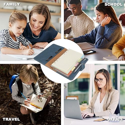 Vista 28 de FYY - Cuaderno de 6 anillos de piel sintética con bolsillos, divisores y papel de recarga, agenda de tamaño A5, color azul marmolado