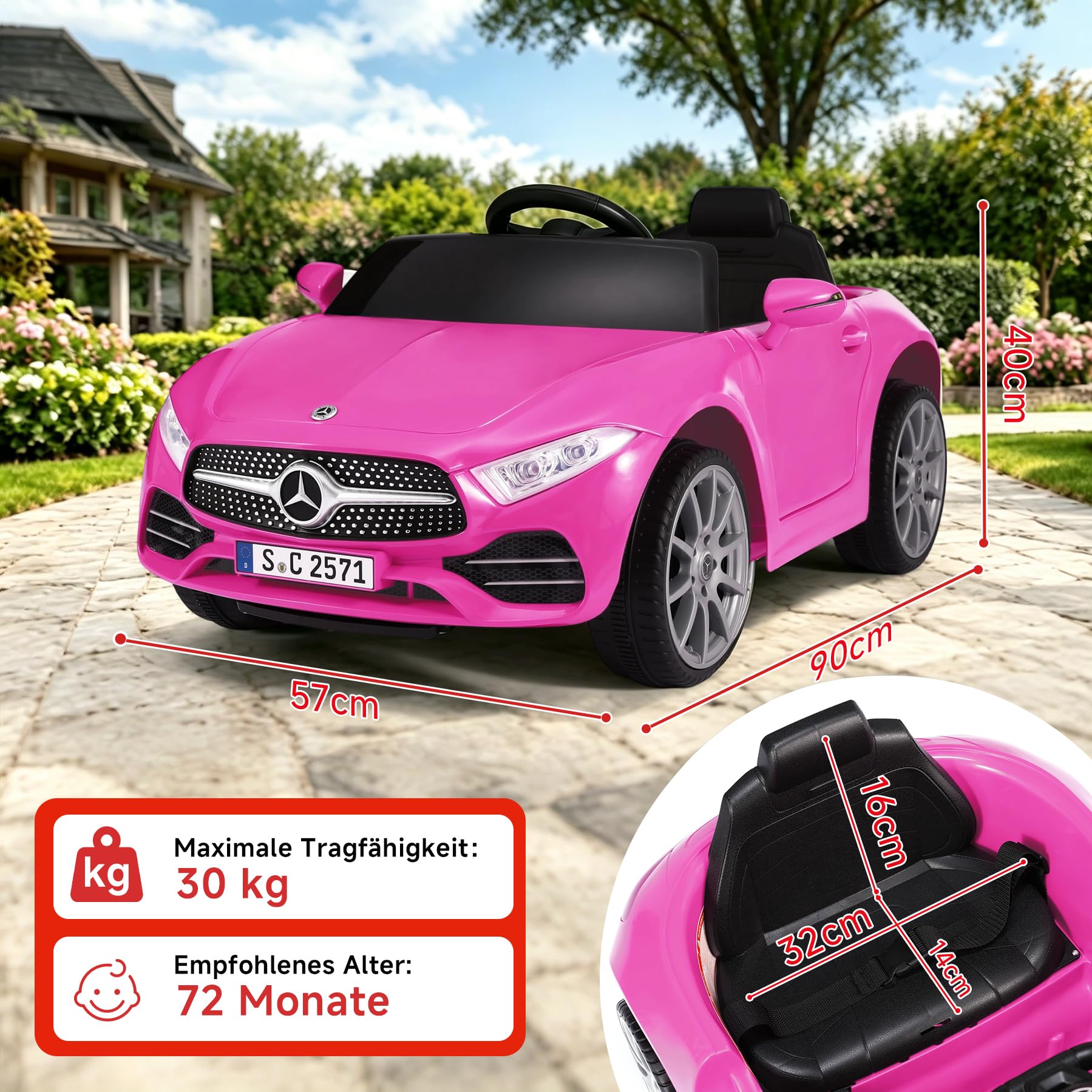 ORYXEARTH Kinder Elektroauto, 6V Kinder Elektroauto Kinderfahrzeug mit 2.4G-Fernbedienung, Hupe, Bluetooth-Musik, USB und AGM Blei-Säure-Batterie, 25W Motoren, 2-5km/h für Kinder 3-6 Jahre，Rose