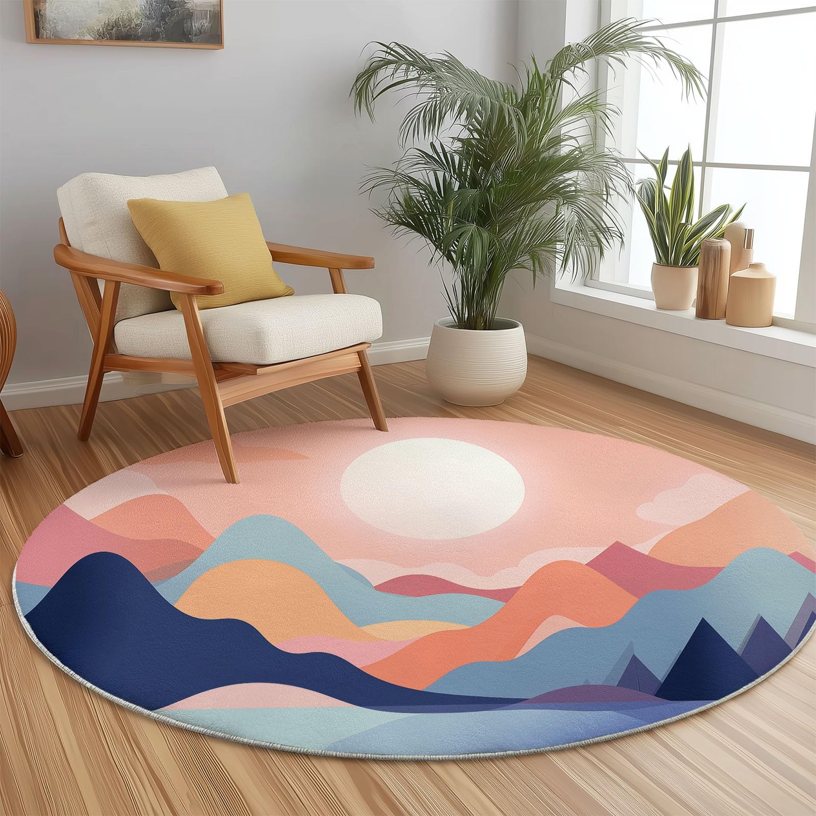 Alfombra Redonda 120 cm, Estampada Simple Paisaje Natural Abstracto, Durazno Suave esponjosa de Pelo Corto con Respaldo Antideslizante, Alfombra Lavable para Sala de Estar Cocina Dormitorio