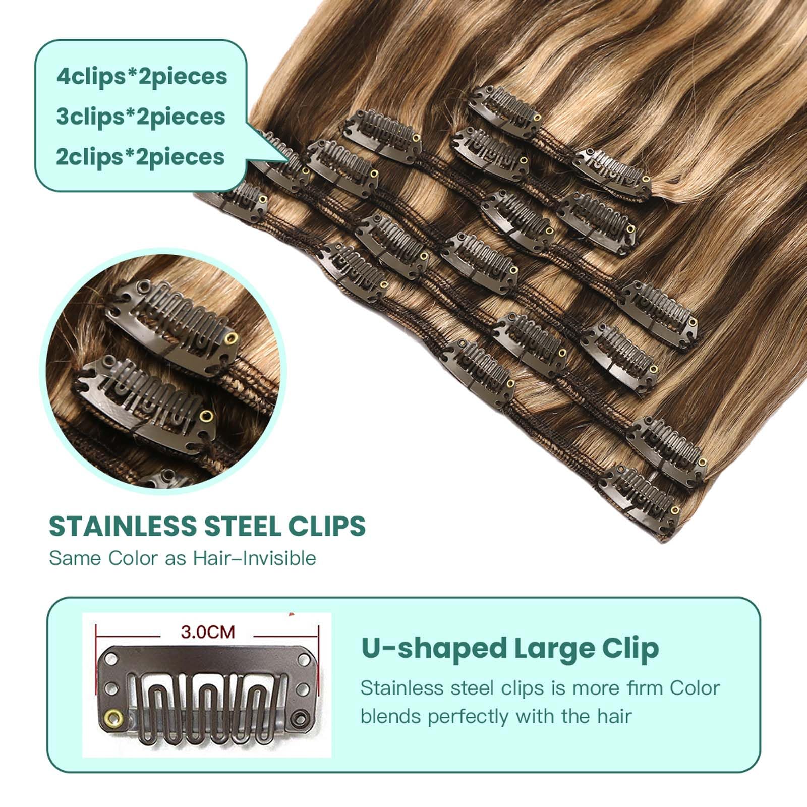 VINBAO Extension Capelli Veri Clip 120g 45cm Marrone Cioccolato Misto Biondo Scuro Clip Extension Capelli Veri, 6pcs Clip Capelli Veri Lisci Estensioni Dei Capelli Umani Reali (#4P27, 18'')