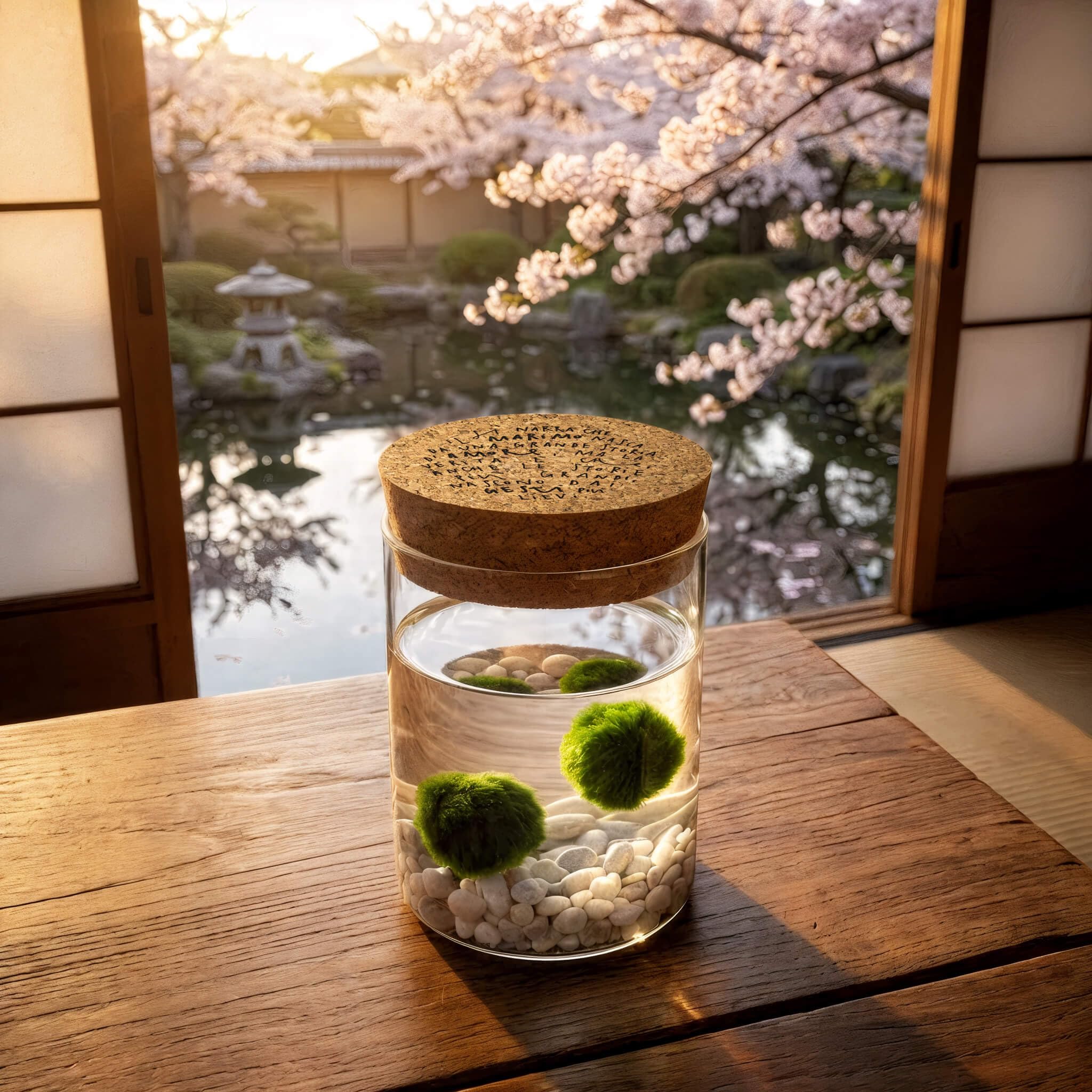 KAKI La Felicità è Nelle Piccole Cose Marimo Coppia Originale in Vaso di Vetro con Tappo in Sughero, Artigianale, Fondale Bianco, Diametro 8cm, Altezza 11cm, Made in Italy