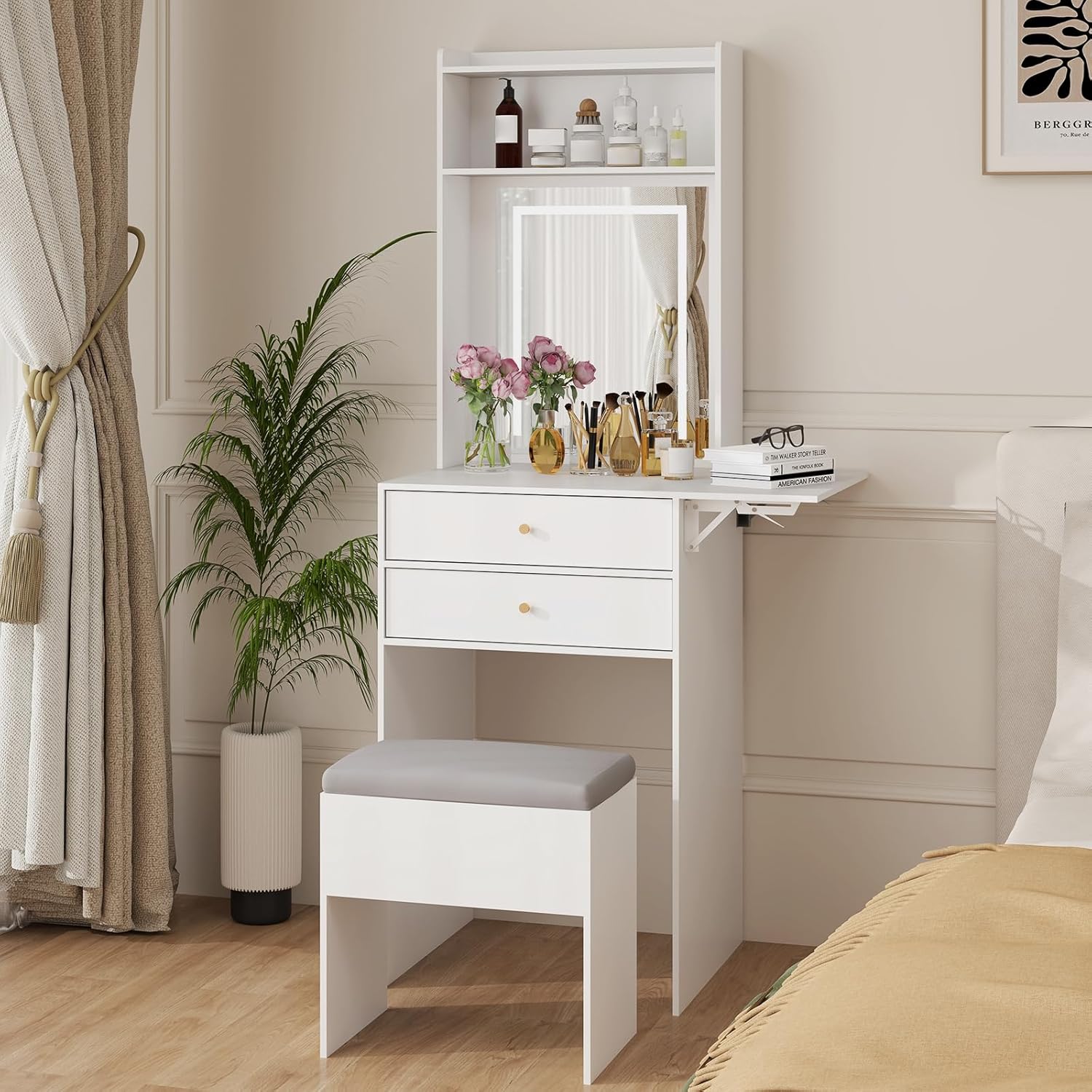 White Compact Vanity Desk Set with Adjustable Mirror and Storage Bench