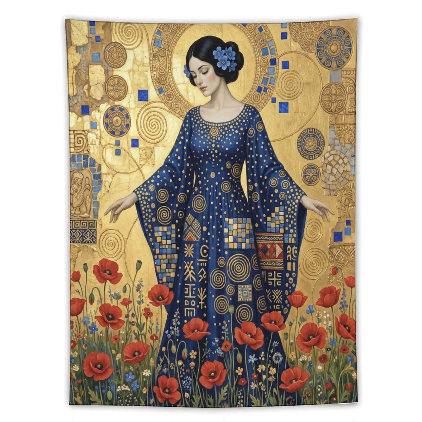 W7C8U2X3 Golden Mosaic Woman Wall Tapestry, Byzantine Inspired Art