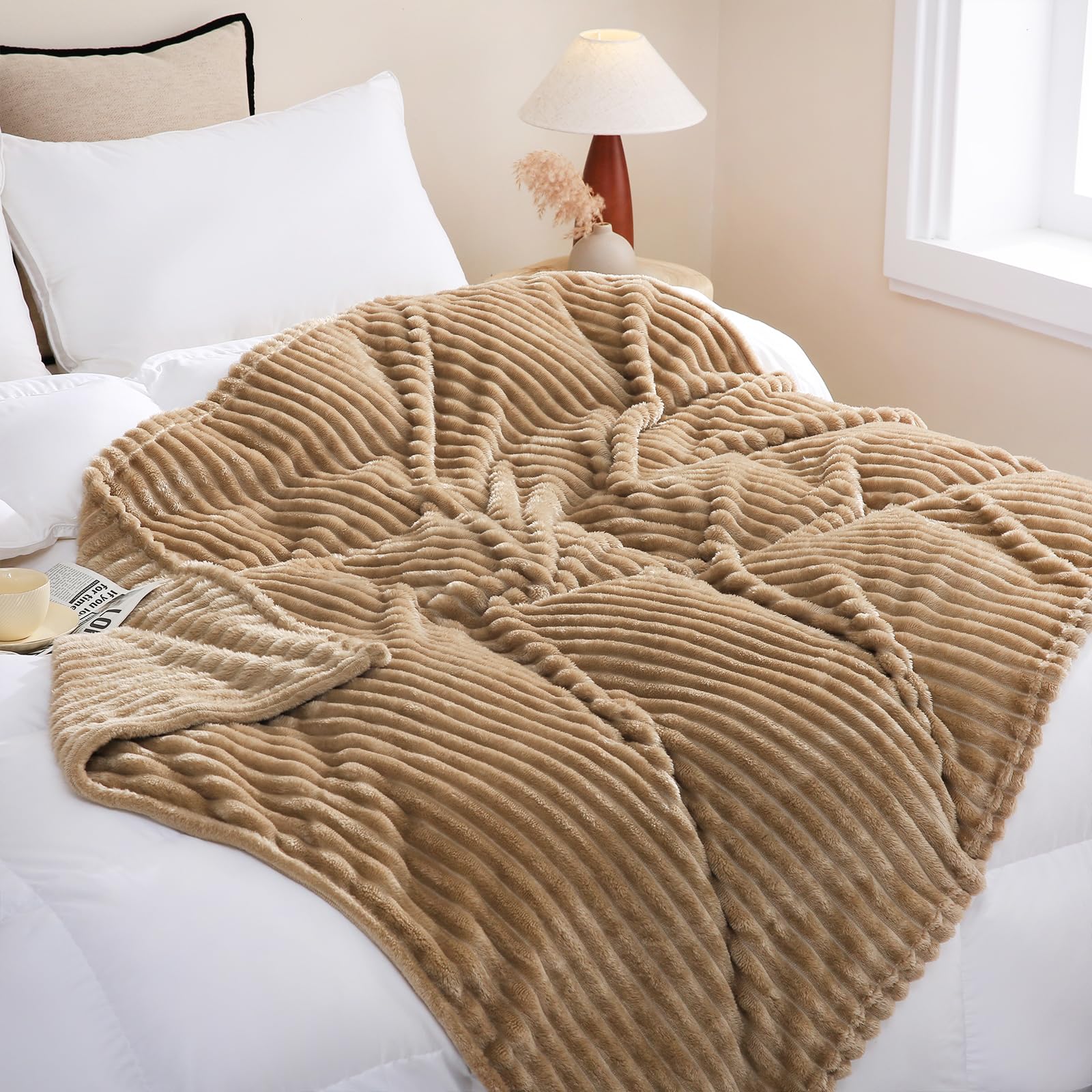 Linecooo Tan Fleece Throw Blanket 50”×60” for Couch Sofa Bed,Super Soft Cozy Plush Microfiber Flannel Blanket with Stripes Design Lightweight for Adults,Woman,Girls - Image 2