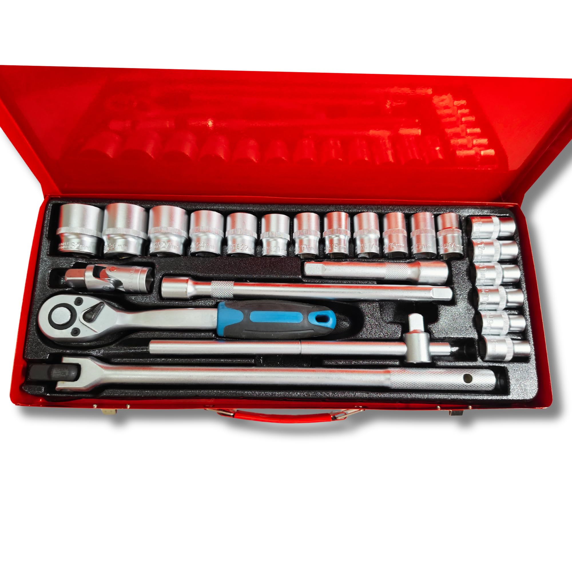 Estuche Metálico Carraca 1/2” 24 Piezas con Vasos 8–32 mm Extensores Maneral Llave T y Rótula - Acero CRV