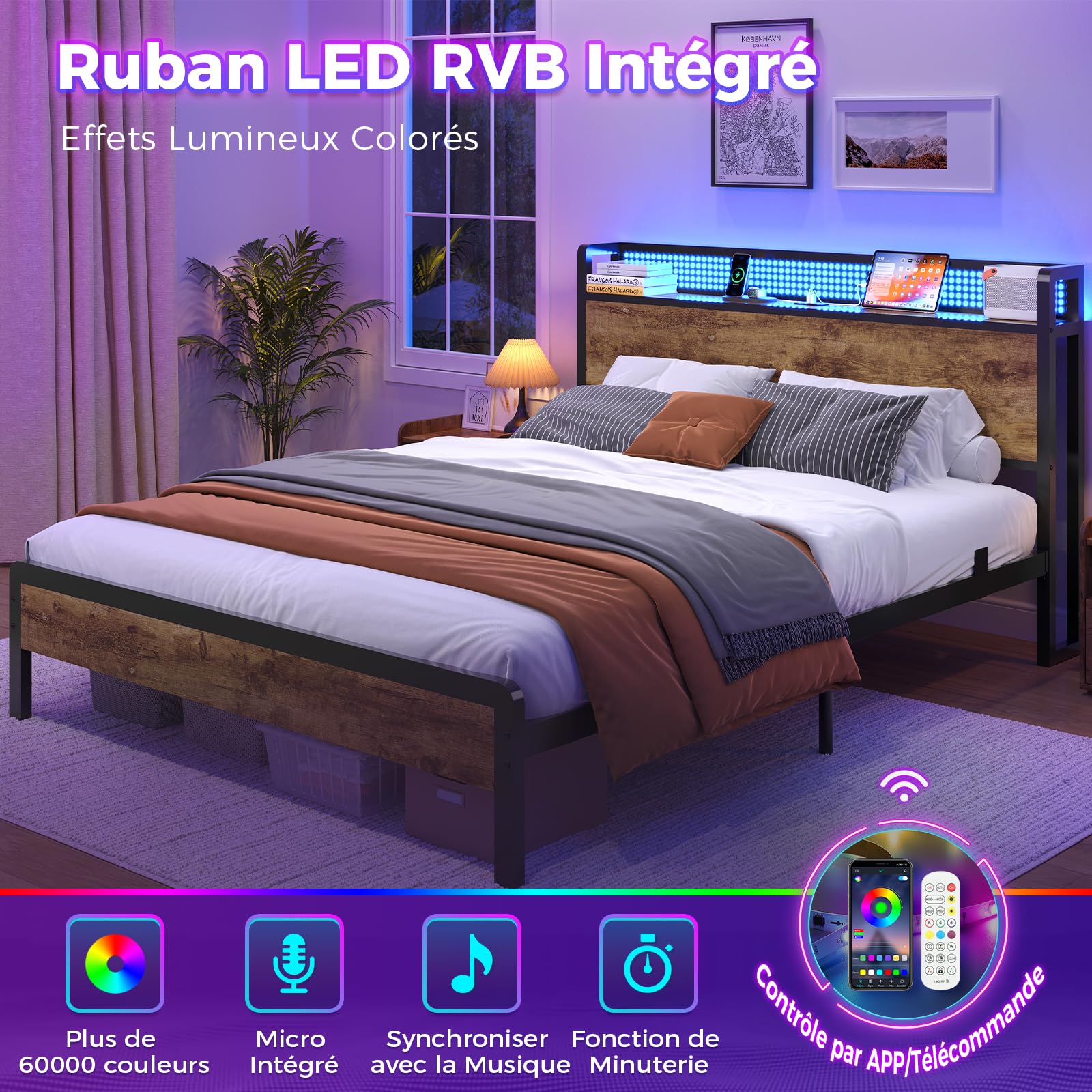 Lit 140x200 avec Sommier et Rangement, Cadre de Lit 140x200 en Métal avec Éclairage LED Réglable et Multiprise, Tête de Lits avec Panneau Perforé, Lits Double Style Industriel Marron Rustique