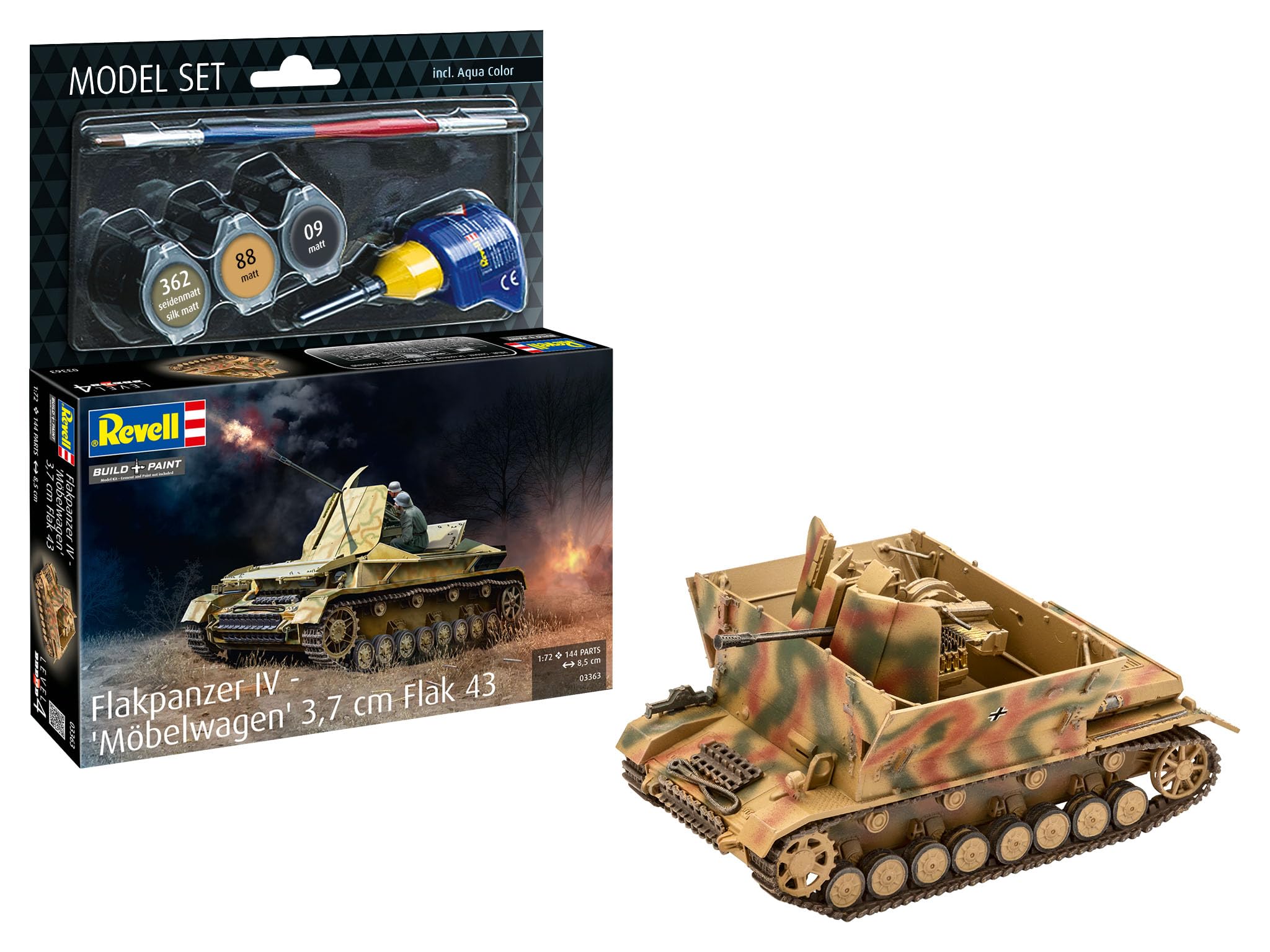 Revell 63363 model zestaw Flakpanzer IV Möbelwagen 3,7 cm Flak skala 1:72 niezbudowany plastikowy model zestaw z akcesoriami