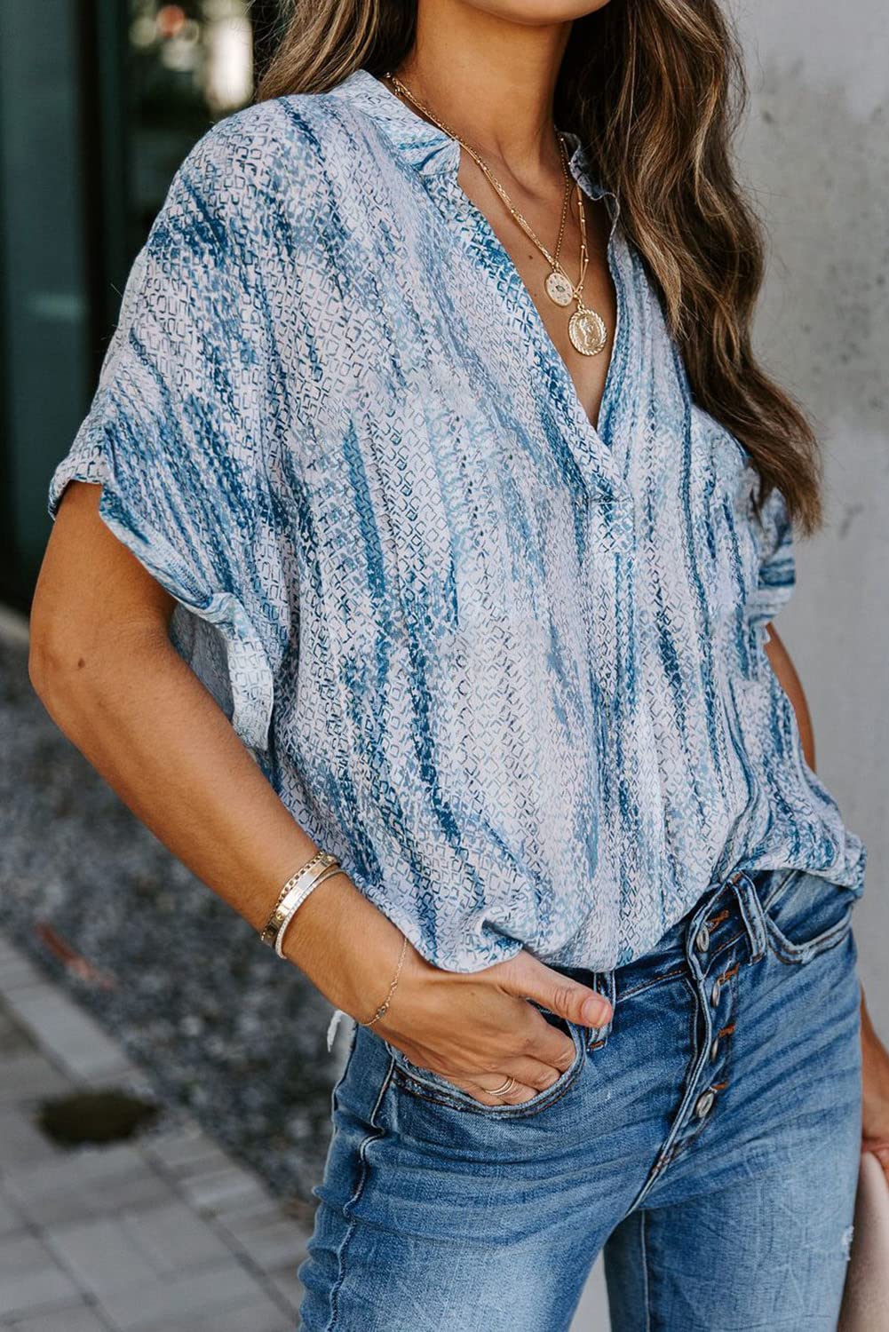 Ancapelion - Blusa de gasa para mujer, informal, holgada, con botón de verano, manga corta, para mujer