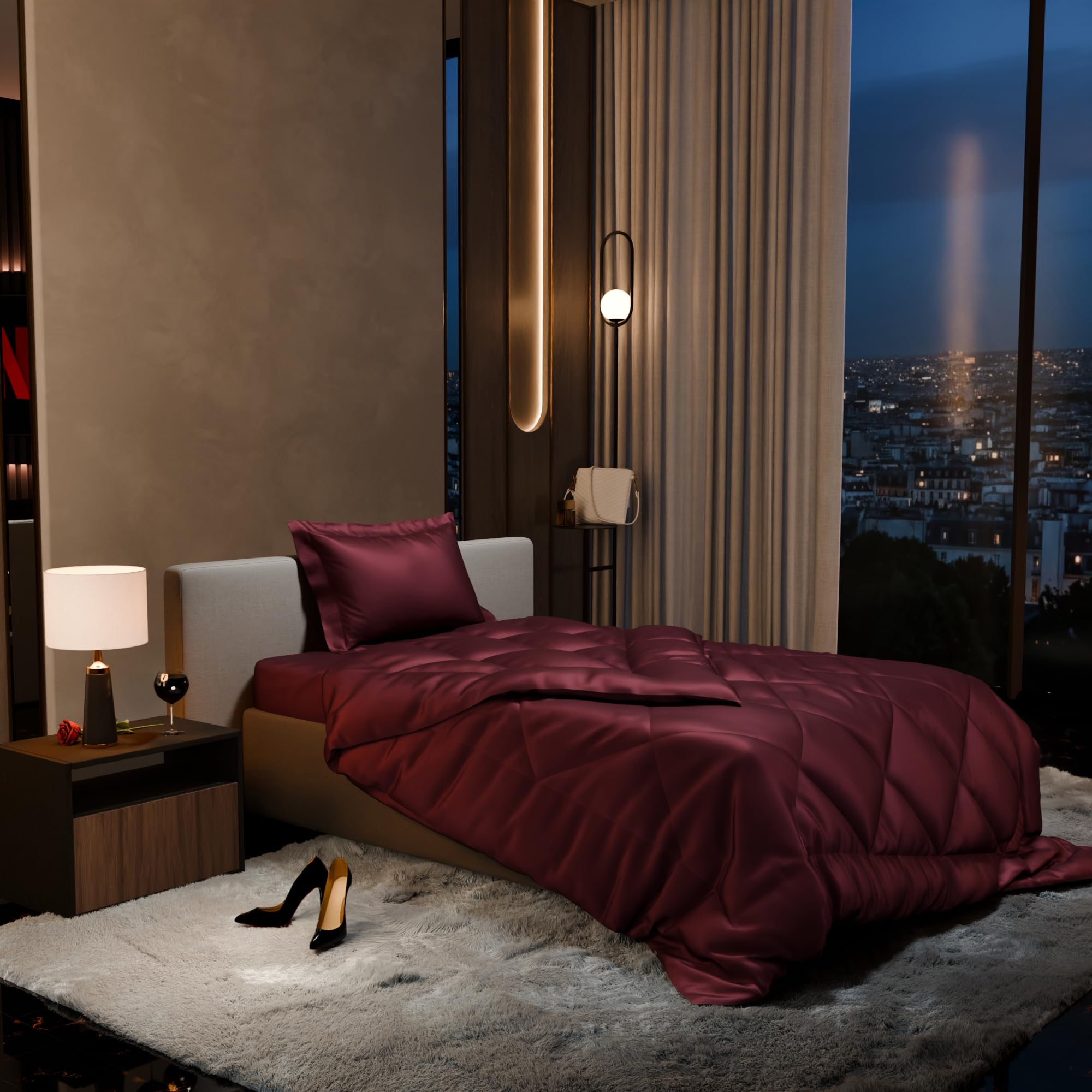Stoa Paris Satin Comforter Set Single Bed with Satin Bedsheet & Pillow Covers, 300TC Complete Bedding Set, Ideal Gifts for Women, Couples, Bedroom Home Furnishing, Date Night - Velvet Wine
