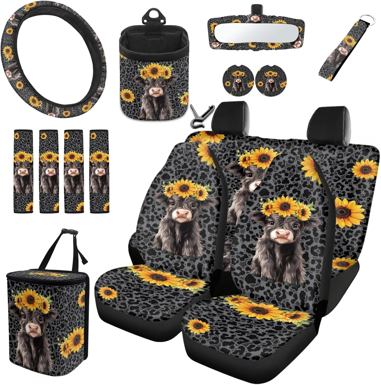 Highland Cow 15 PCS Car Accessories Universal Auto Seat Protector Steering Wheel Cover Seatbelt Strap Pad Trash Can Mount Storage Pocket Cup Holders Sunflower Rearview Mirror Cover Keychain