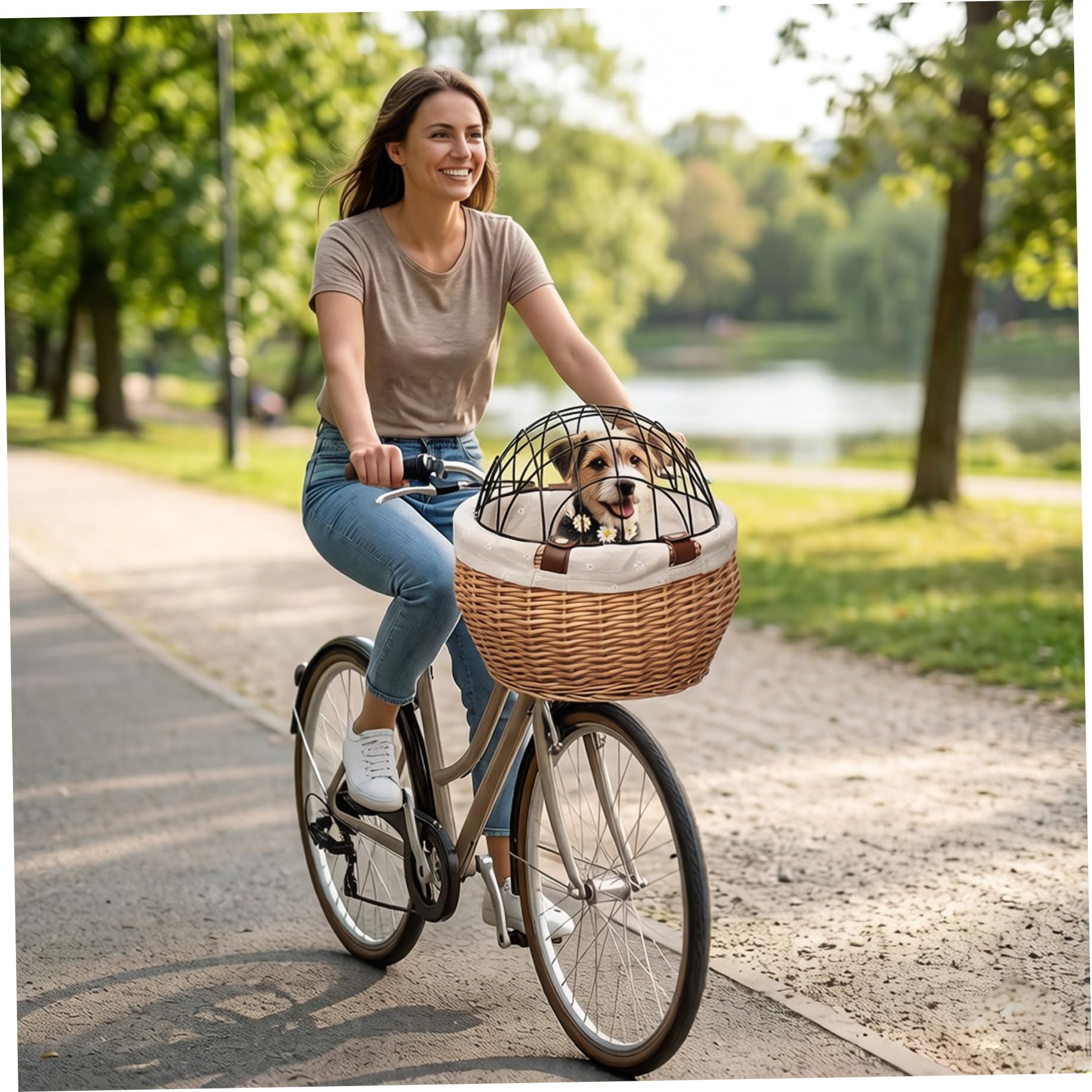 Cesta de Mimbre Segura para Bicicleta de Perro, 12x10x8 Pulgadas, con Cubierta, Soporte para Bicicleta, transportador de Mascotas para Perros pequeños y Gatos, Cesta de Almacenamiento