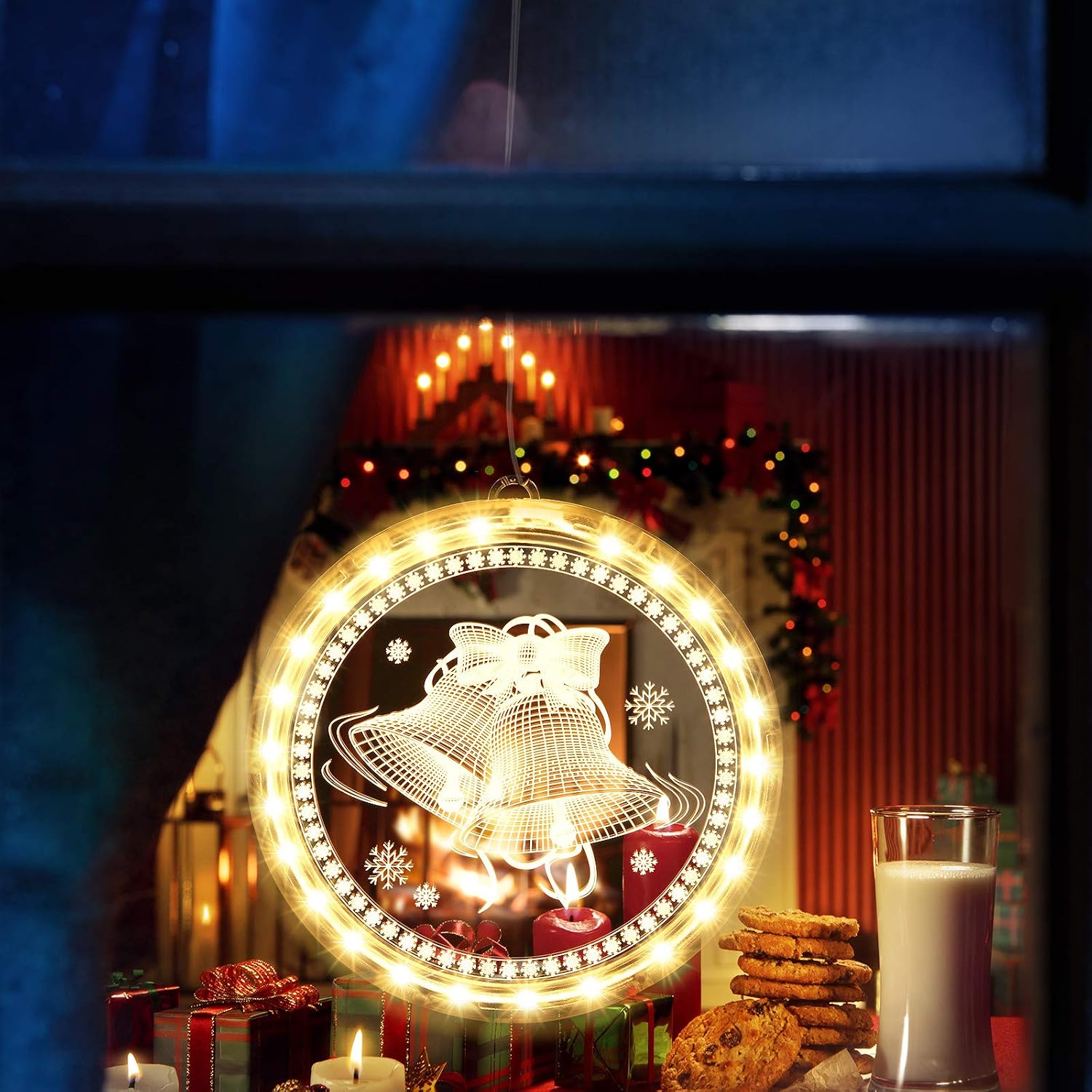 Christmas Decorative Window Light, Lighted Window Xmas Decor Hanging String Lights for Outdoor Indoor Windows Pathway Patio Bedroom Party Holiday Wall Backdrop, Warm White (Bell)