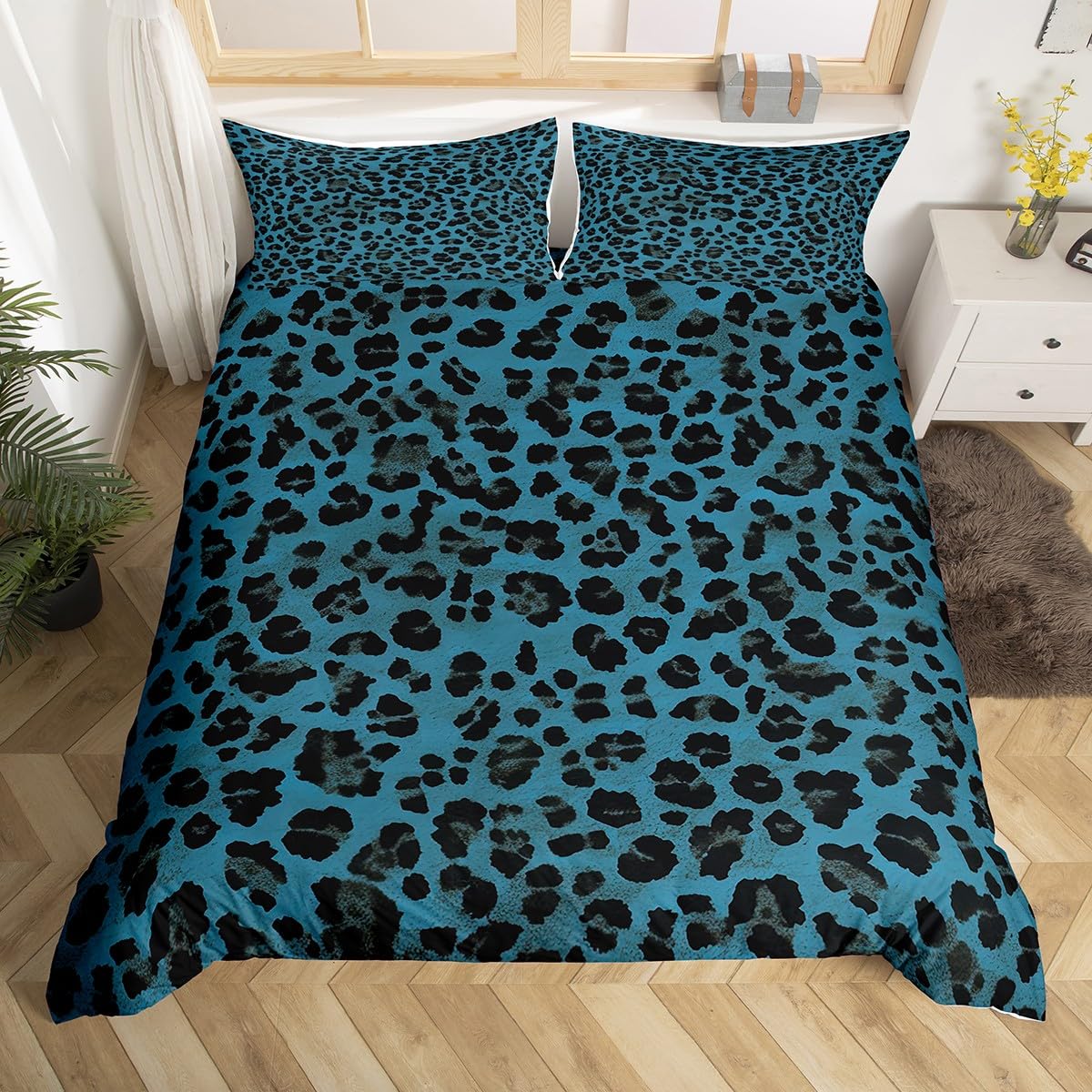 Homemissing Deep Blue Leopard Duvet Cover Set Super King Size Cheetah Bedding Set for Girls Women Animal Print Duvet Cover with 2 Pillowcases Safari Bedroom Decor,Zipper Closure