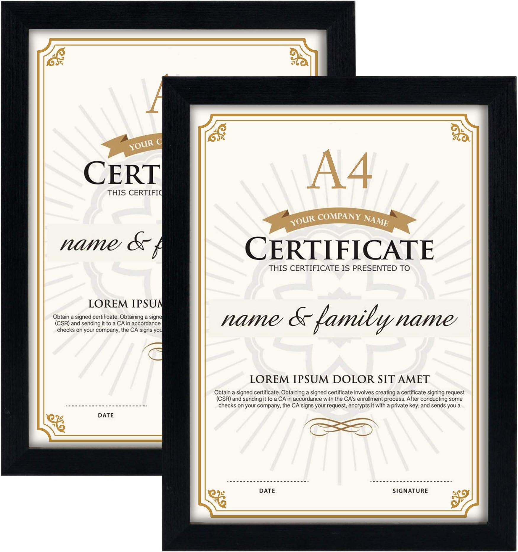 GraduationMall A4 Certificate Picture Frame,Wood Grain,UV Protection Acrylic,Wall or Tabletop Display,2 Pack, Black