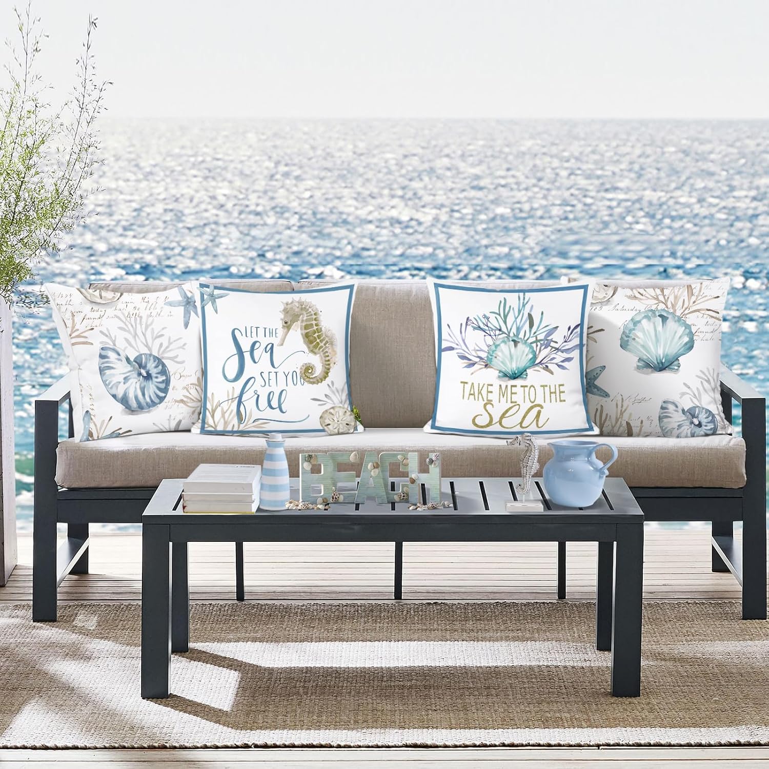 Bonhause Nautical Coastal Throw Pillow Covers 18x18 Set of 4 Ocean Themed Beach Seashell Coral Starfish Pillows Case Soft Velvet Cushion Covers for Outdoor Sofa Home Decor - Image 2