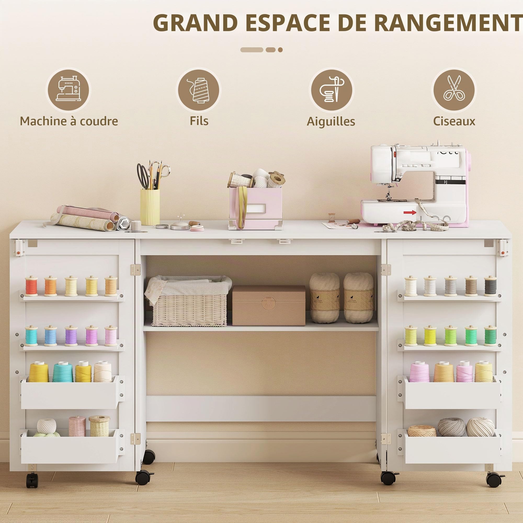 HOMCOM Table de couture pliable avec 6 roulettes 20 broches pour fils Blanc
