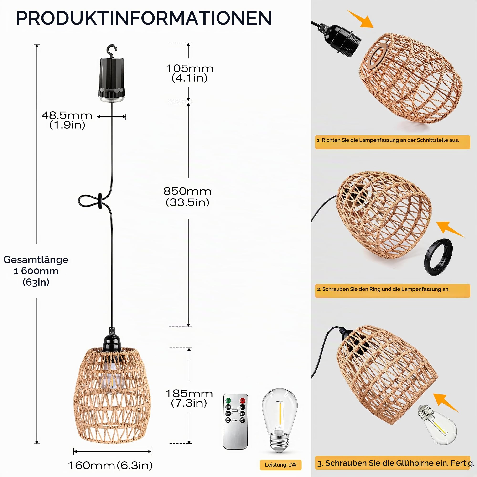 3 x Rattan Hängelampe mit Batterie, Dimmbar Hängeleuchte Batteriebetriebene Lampe mit Fernbedienung Ohne Stromanschluss, Außen Innen Tragbare Boho Korb Lampenschirm Pendelleuchte für Garten Balkon