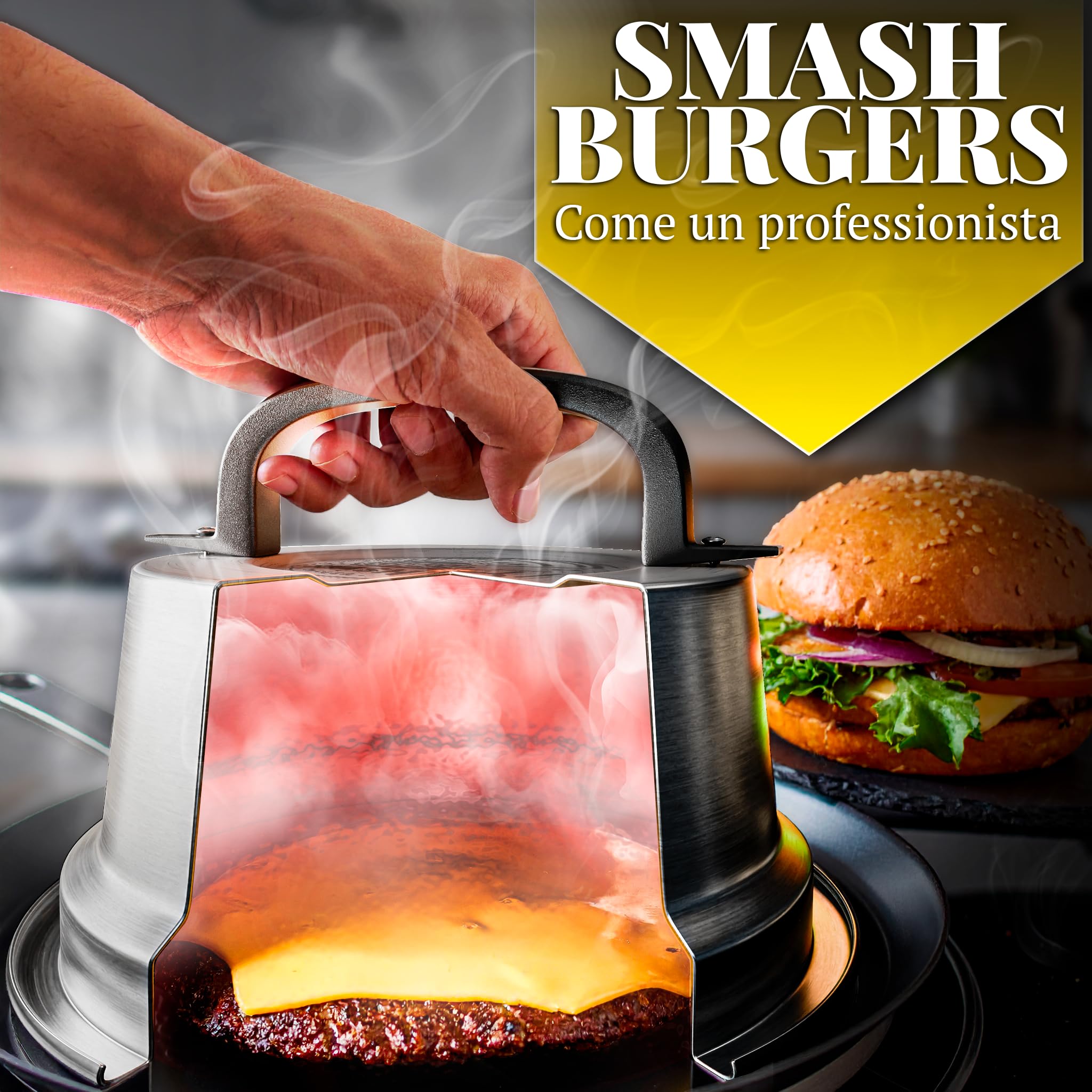 SMASHI® Kit Smash Burger – Smash Burger Press in Acciaio Inox 304 con Spatola, Cupola, 30 Fogli Antiaderenti – Kit BBQ Professionale per Smash Burger Fatti in Casa