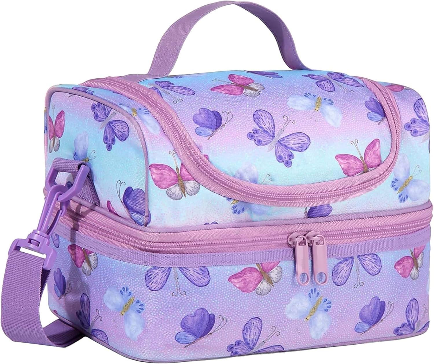 Kasqo Lunch Box Bag for Girls, 6.5L Insulated Reusable Dual Decker Compartments Cooler Bag for Kids/School/Picnic/Travel Purple Butterfly