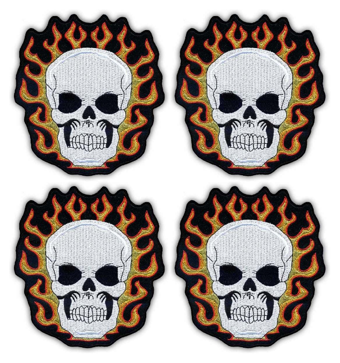 Set di 4 toppe ricamate con teschio in fiamme, termoadesivo/termoadesivo
