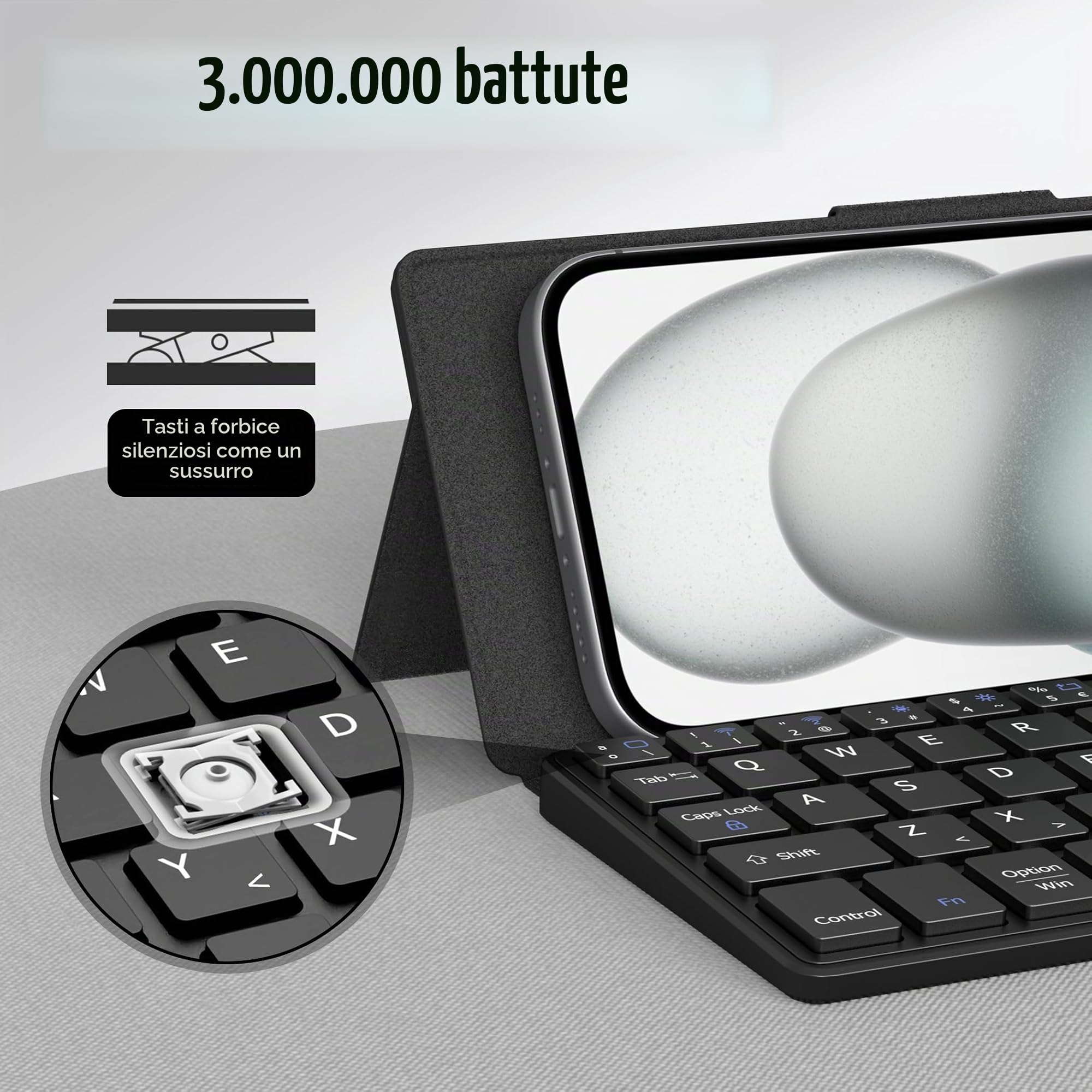 CACOE Tastiera Bluetooth Supporto, Mini Tastiera per Telefono Cellulare, Tastiera Ultra Sottile Portatile, Pieghevole, a Doppio Canale con Supporto per Smartphone e Altro iOS Android Windows