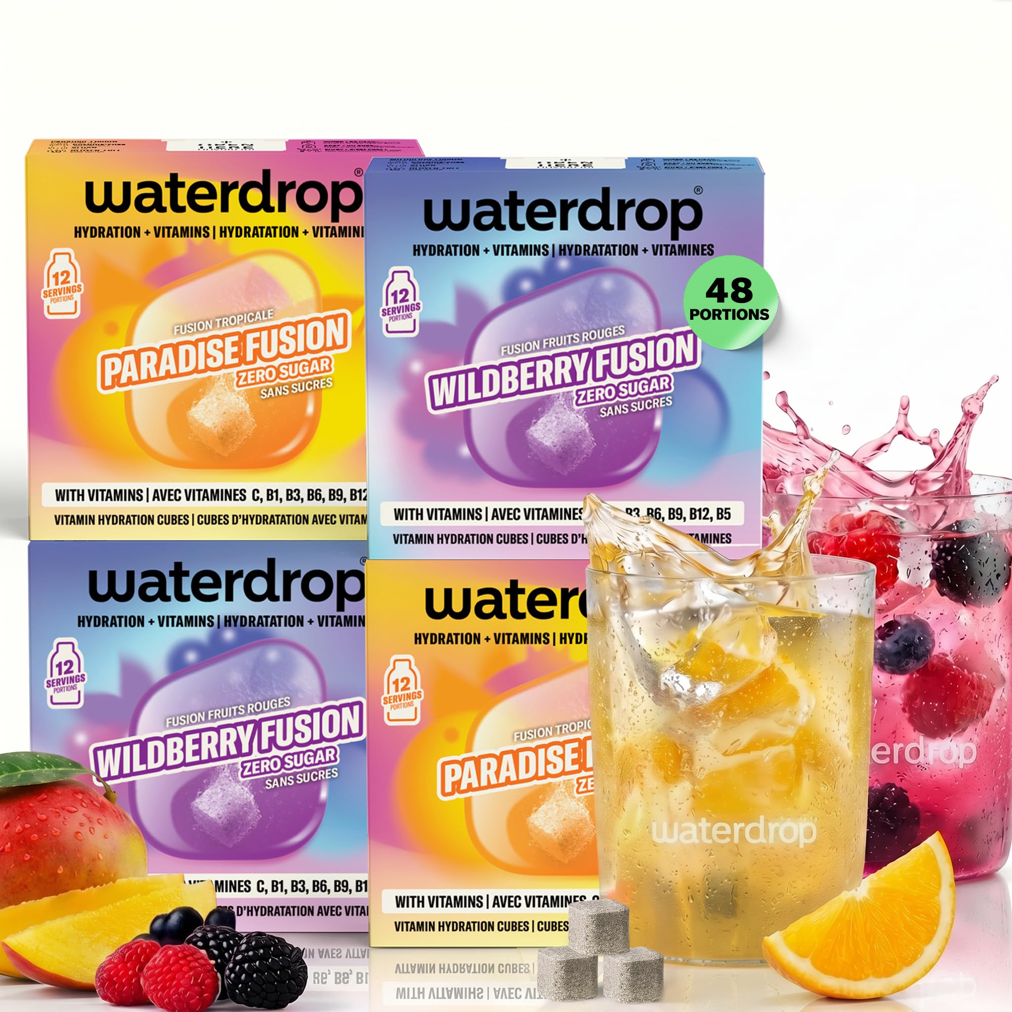 waterdrop® Coffret Fusion de Fruits Duo - 48 Pastilles d’Hydratation, Cubes de Boisson aux 2 Saveurs: Fusion Tropicale & Fusion Fruits Rouges, Eau Aromatisée Sans Sucre avec Vitamine C & B